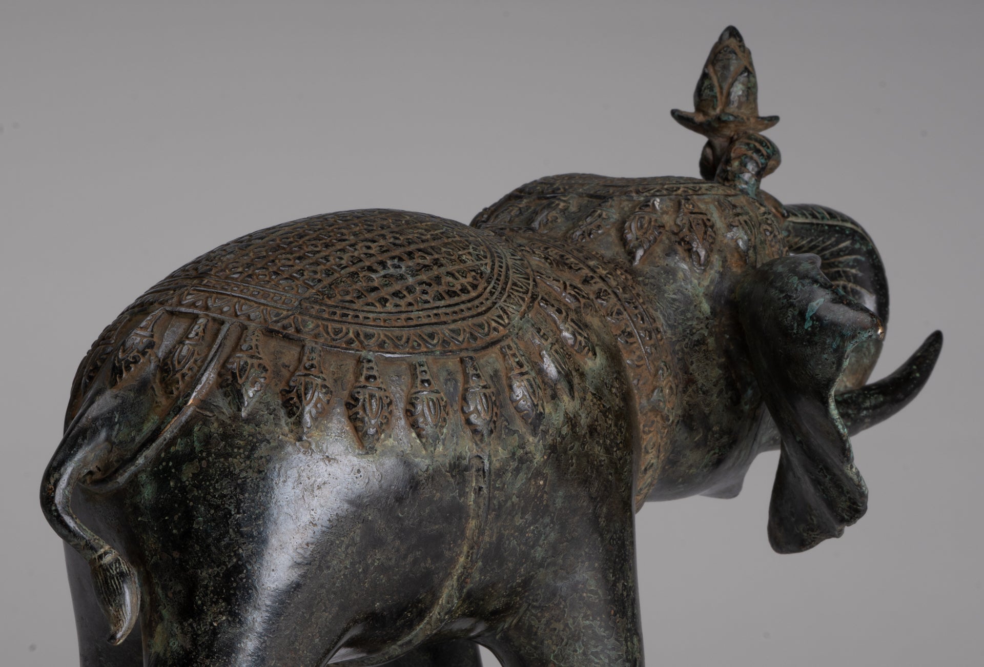 Antique Khmer Style Bronze Trumpeting Elephant Statue - 25cm/10" Tall