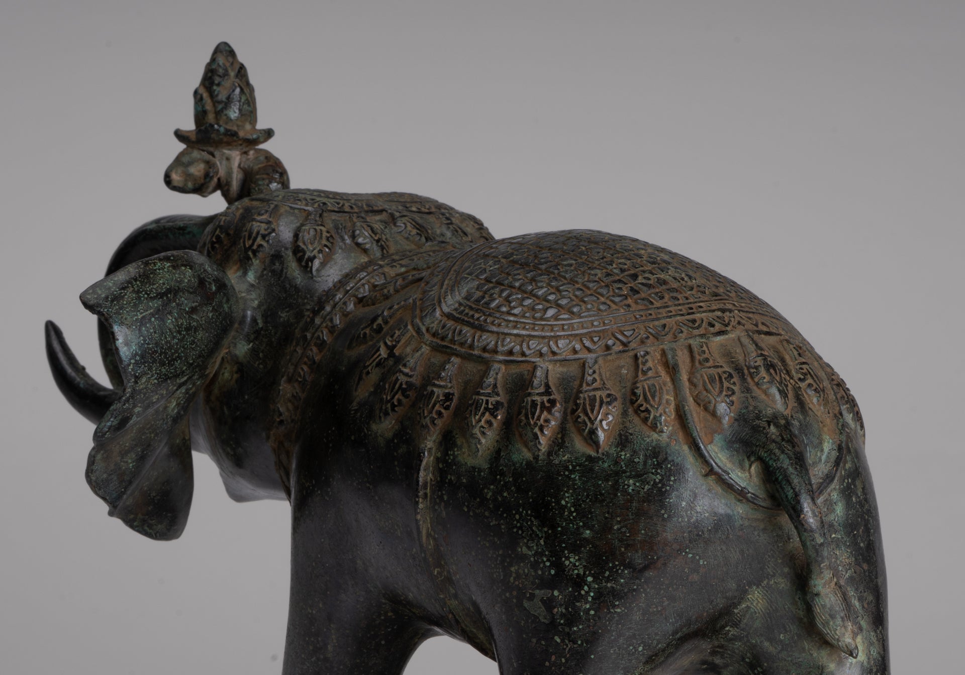 Antique Khmer Style Bronze Trumpeting Elephant Statue - 25cm/10" Tall