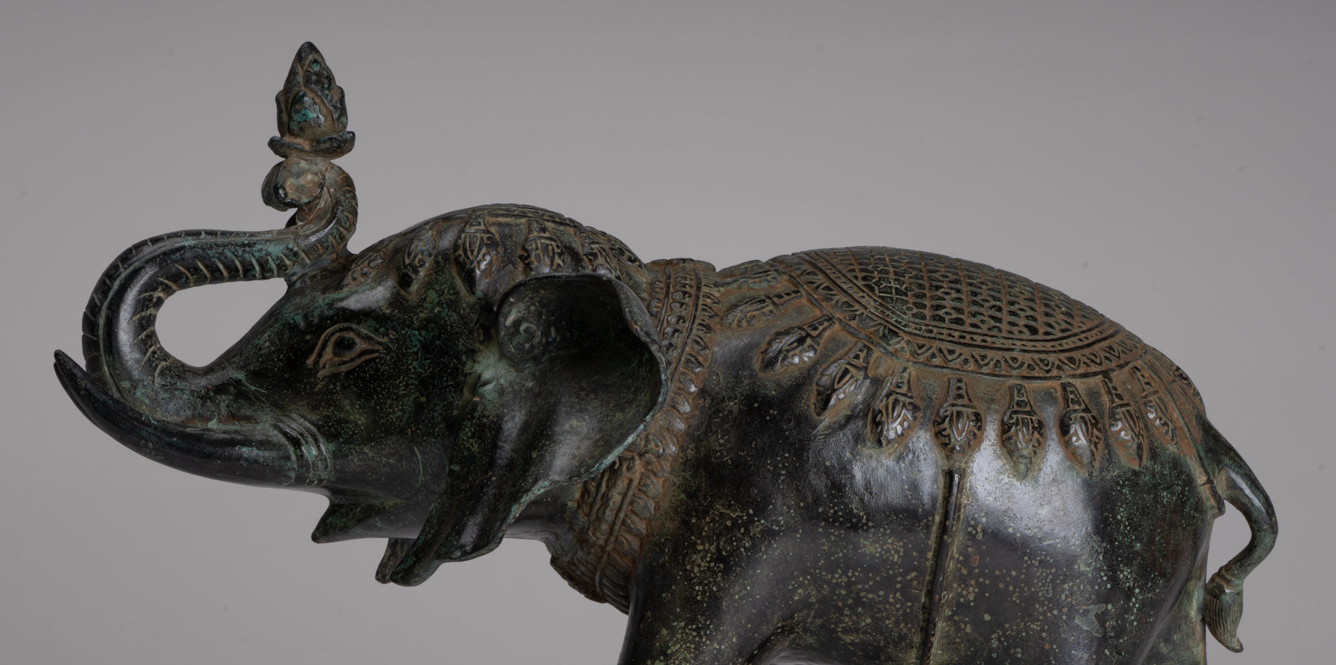 Antique Khmer Style Bronze Trumpeting Elephant Statue - 25cm/10" Tall