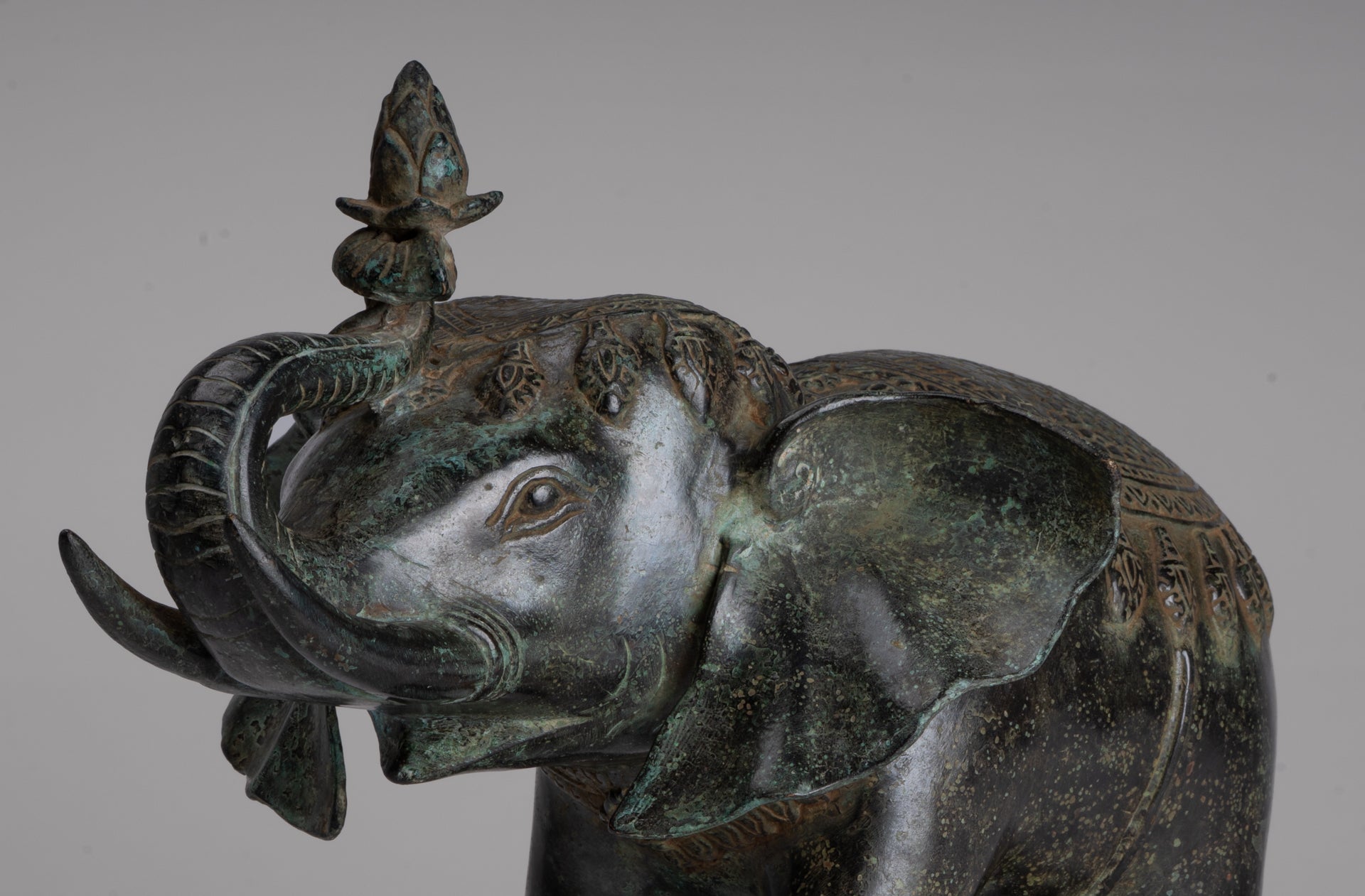 Antique Khmer Style Bronze Trumpeting Elephant Statue - 25cm/10" Tall