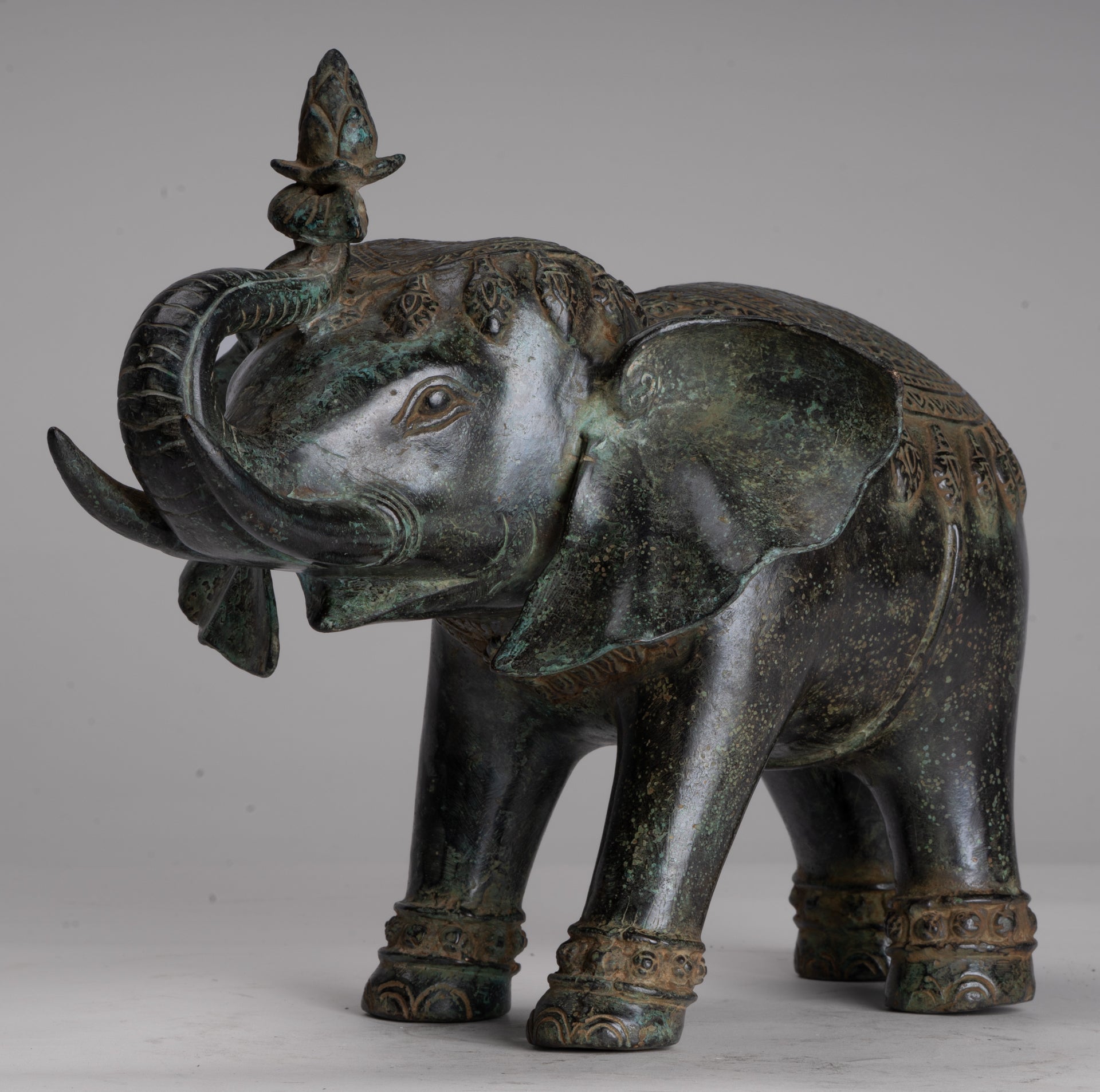 Antique Khmer Style Bronze Trumpeting Elephant Statue - 25cm/10" Tall