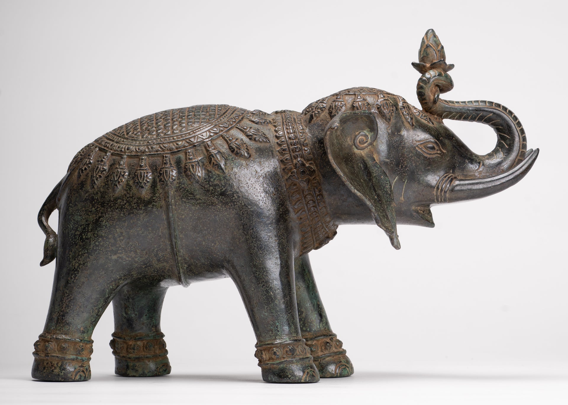 Antique Khmer Style Bronze Trumpeting Elephant Statue - 25cm/10" Tall