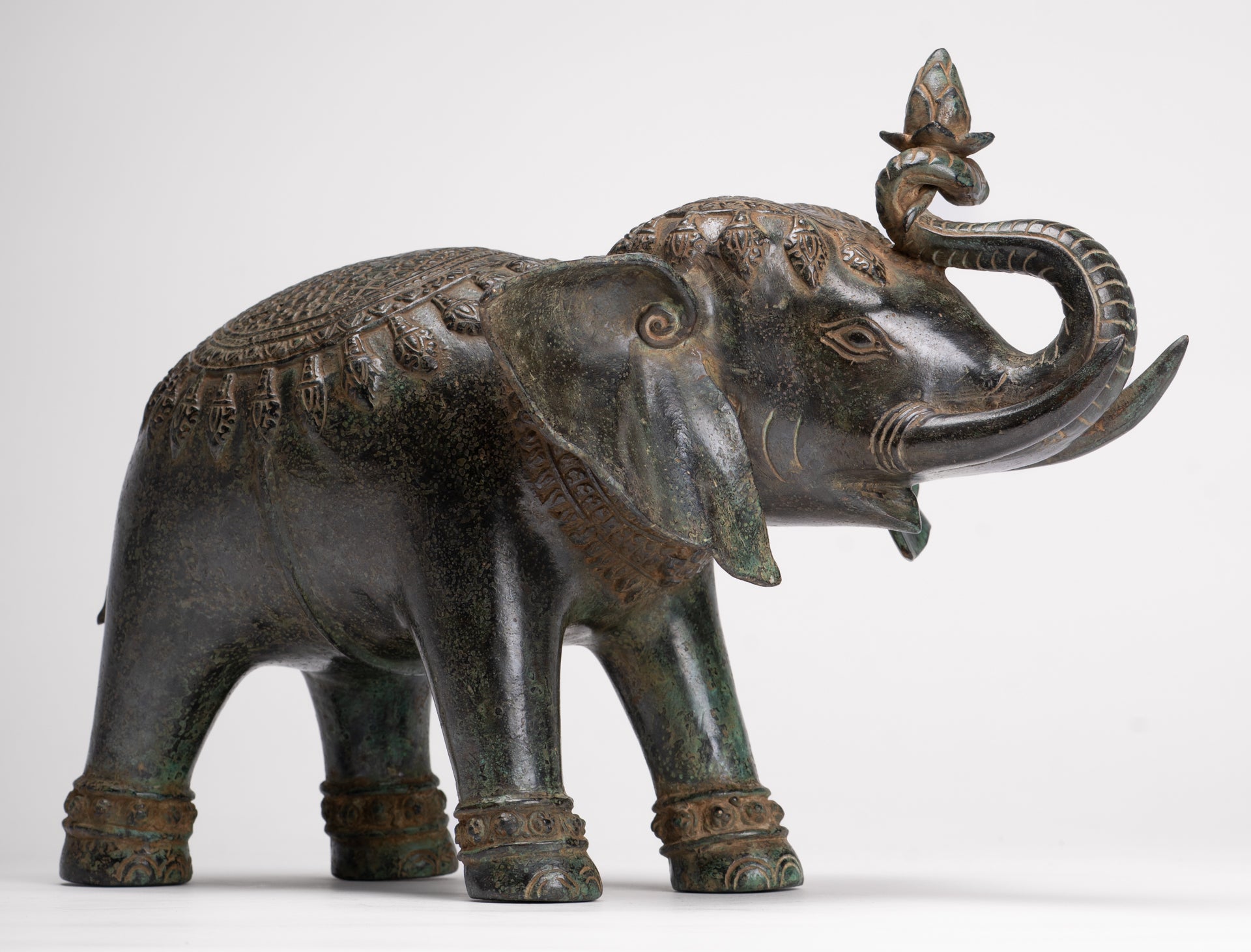 Antique Khmer Style Bronze Trumpeting Elephant Statue - 25cm/10" Tall