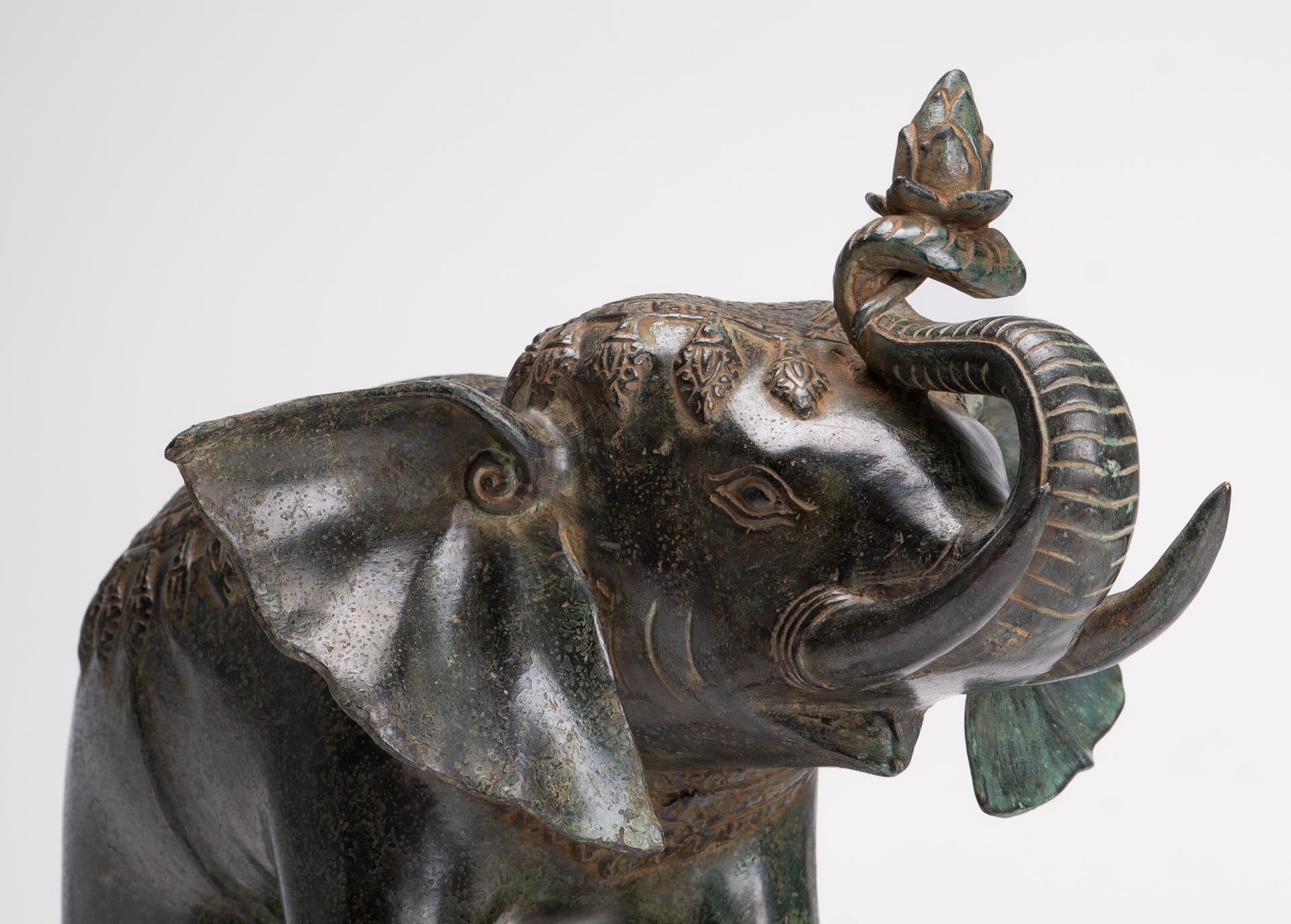 Antique Khmer Style Bronze Trumpeting Elephant Statue - 25cm/10" Tall