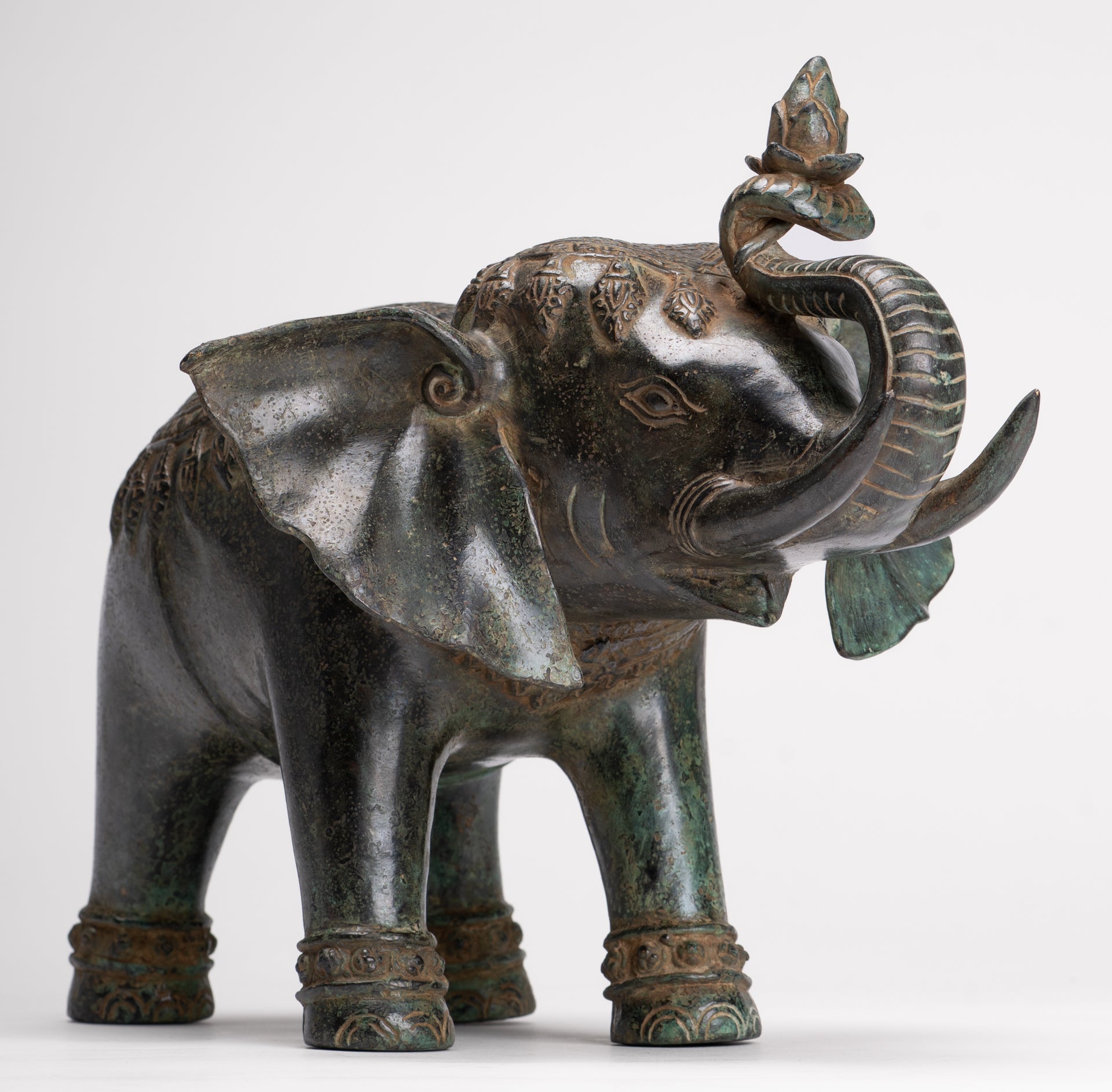 Antique Khmer Style Bronze Trumpeting Elephant Statue - 25cm/10" Tall