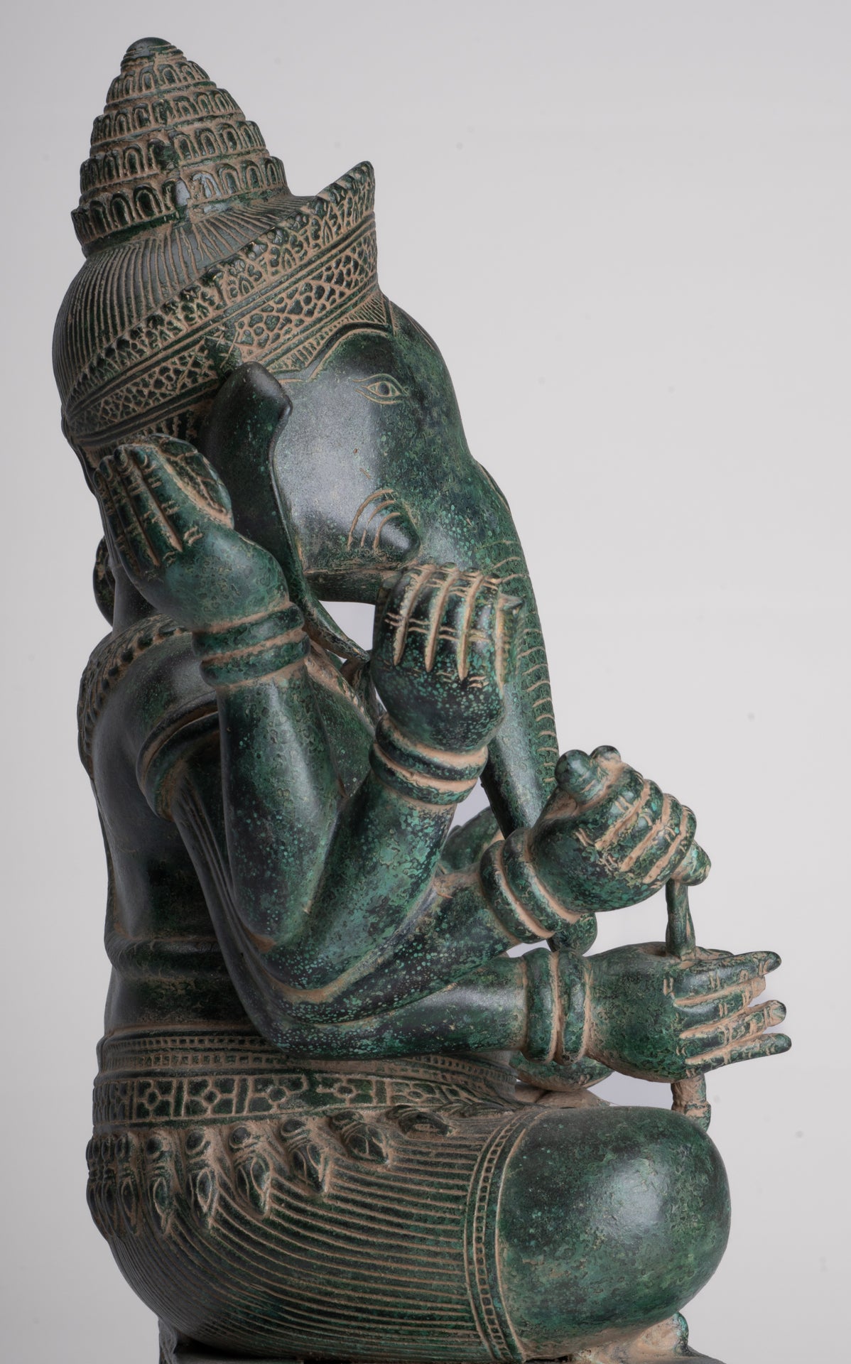 Ganesha Statue - Antique Khmer Style Enthroned Angkor Wat 8 Arm Ganesh Statue - 40cm/16"