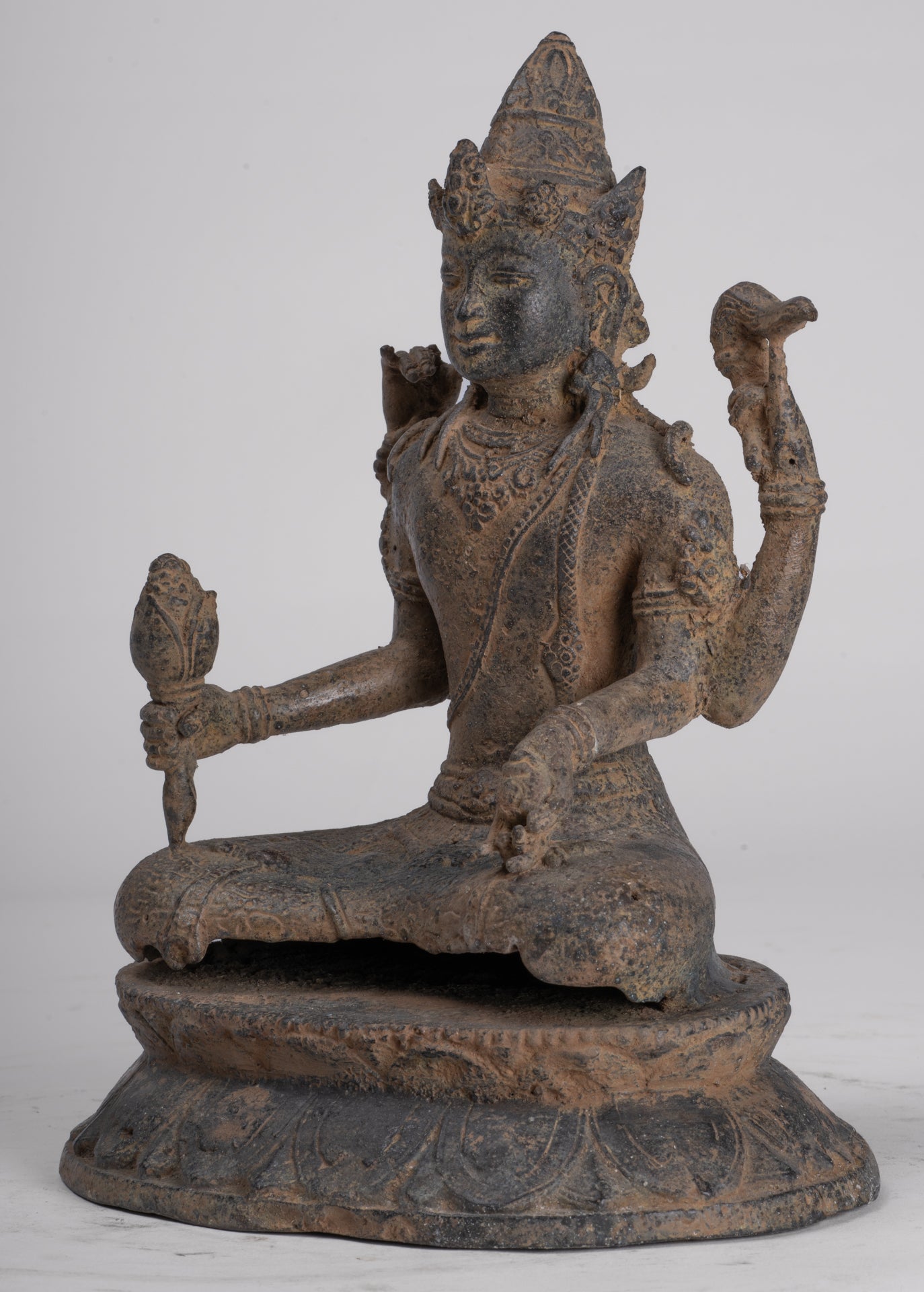 Vishnu - Antique Java Style Indonesian Majapahit Seated Bronze Vishnu Statue - 25cm/10"