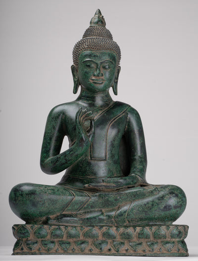 Buddha Statue - Antique Khmer Style Bronze Enthroned Teaching Buddha Statue - 47cm/19"