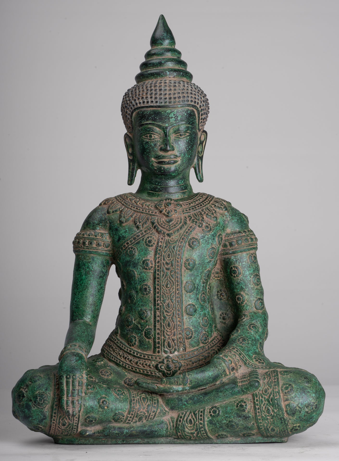 Buddha Statue - Antique Khmer Style Bronze Seated Enlightenment Buddha Statue - 37cm/15"