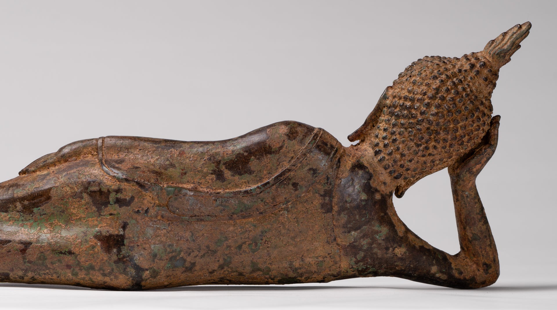 Buddha Statue - Antique Thai Style Bronze Sukhothai Reclining Nirvana Buddha Statue - 43cm/17"