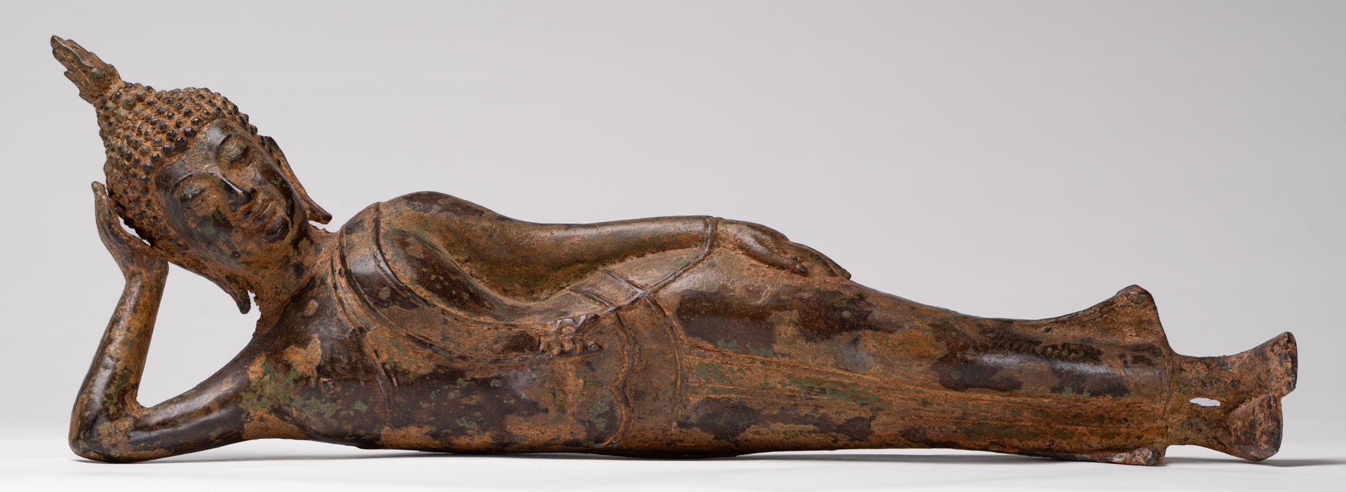 Buddha Statue - Antique Thai Style Bronze Sukhothai Reclining Nirvana Buddha Statue - 43cm/17"