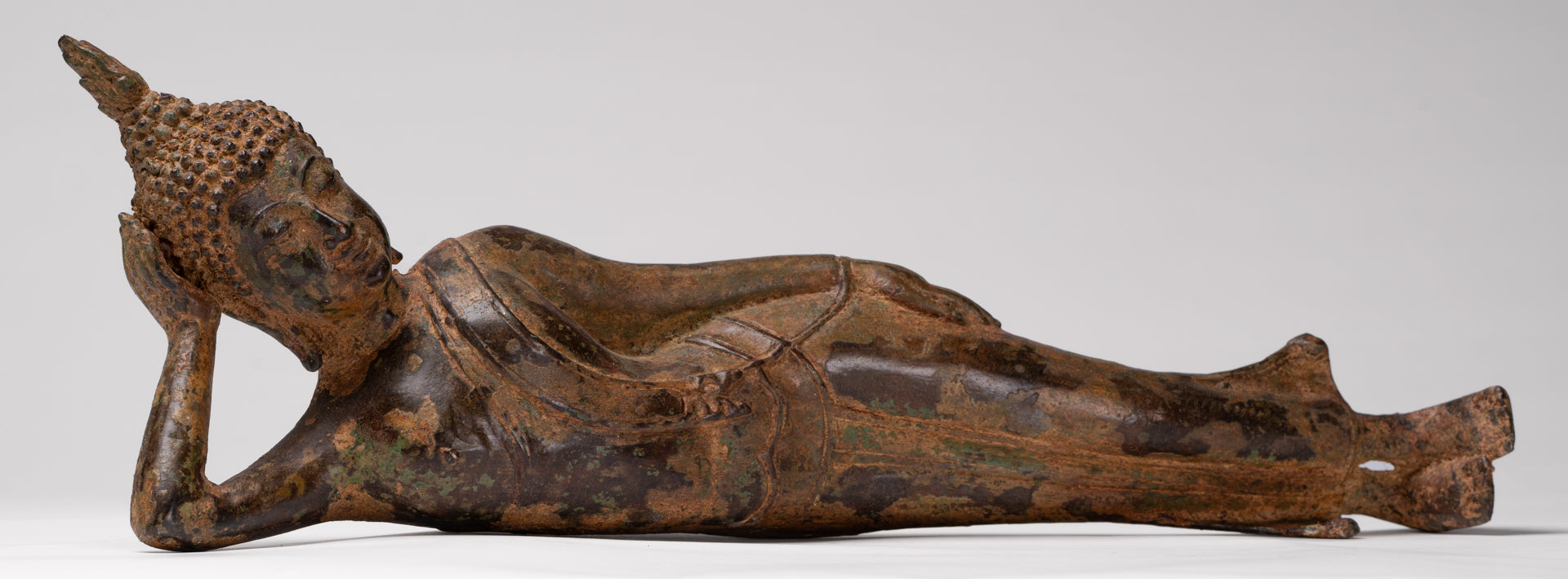Buddha Statue - Antique Thai Style Bronze Sukhothai Reclining Nirvana Buddha Statue - 43cm/17"