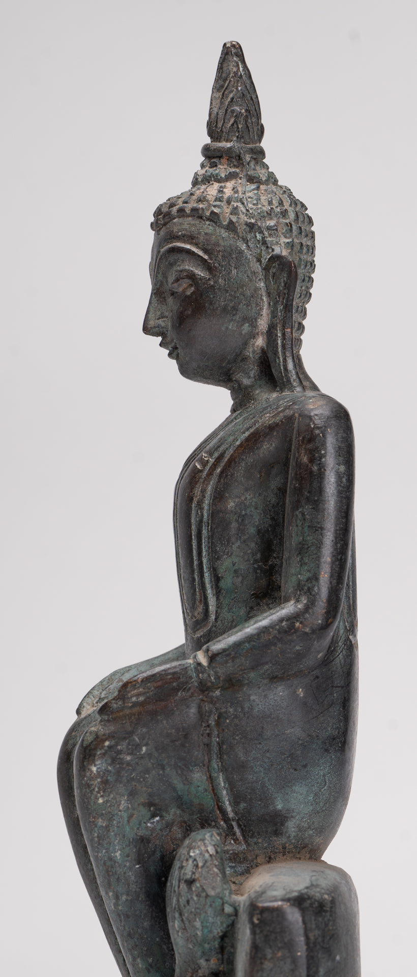 Buddha Statue - Seated Antique Laos Style Bronze Wednesday Evening Buddha - 32cm/13"