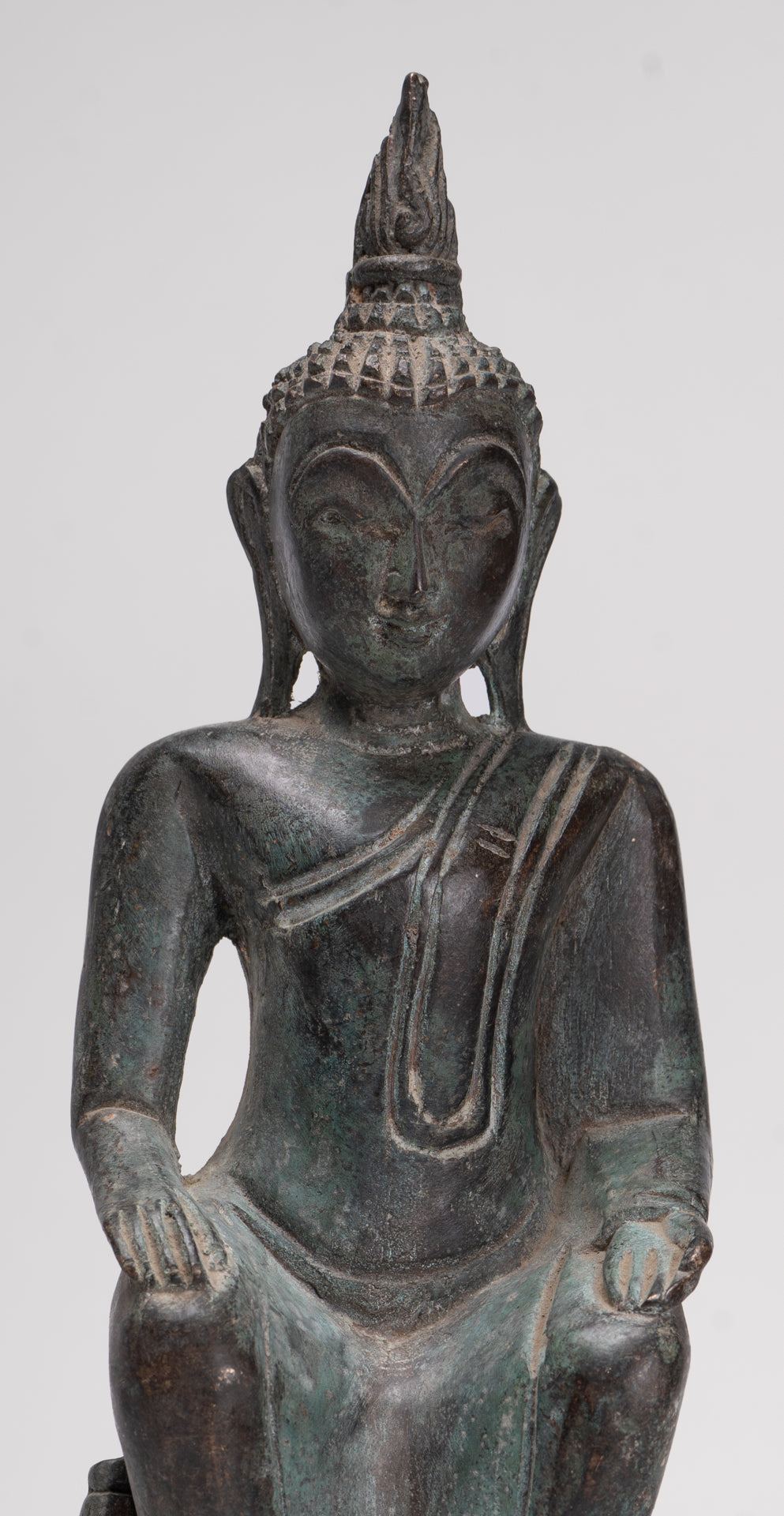 Buddha Statue - Seated Antique Laos Style Bronze Wednesday Evening Buddha - 32cm/13"