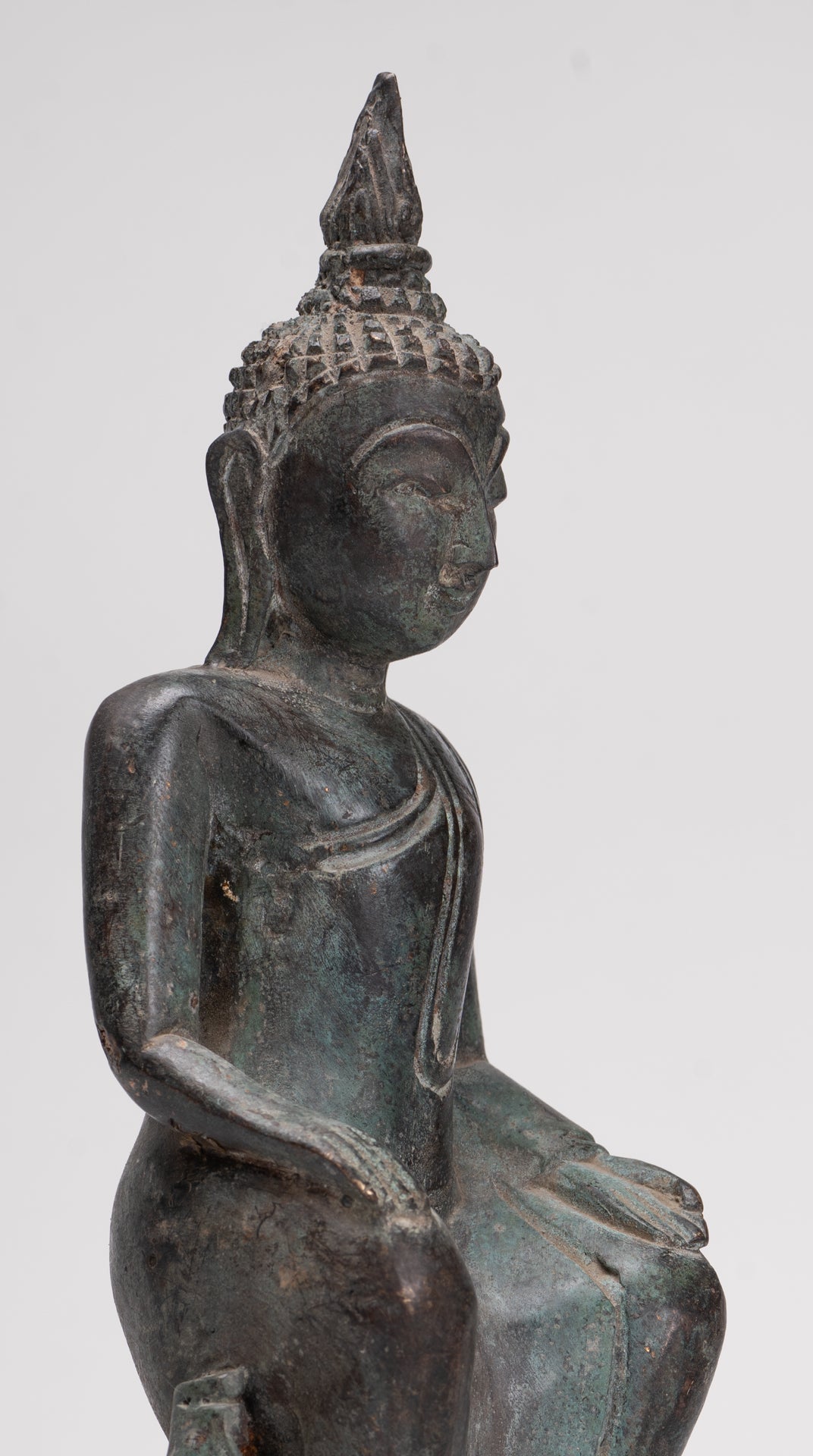 Buddha Statue - Seated Antique Laos Style Bronze Wednesday Evening Buddha - 32cm/13"