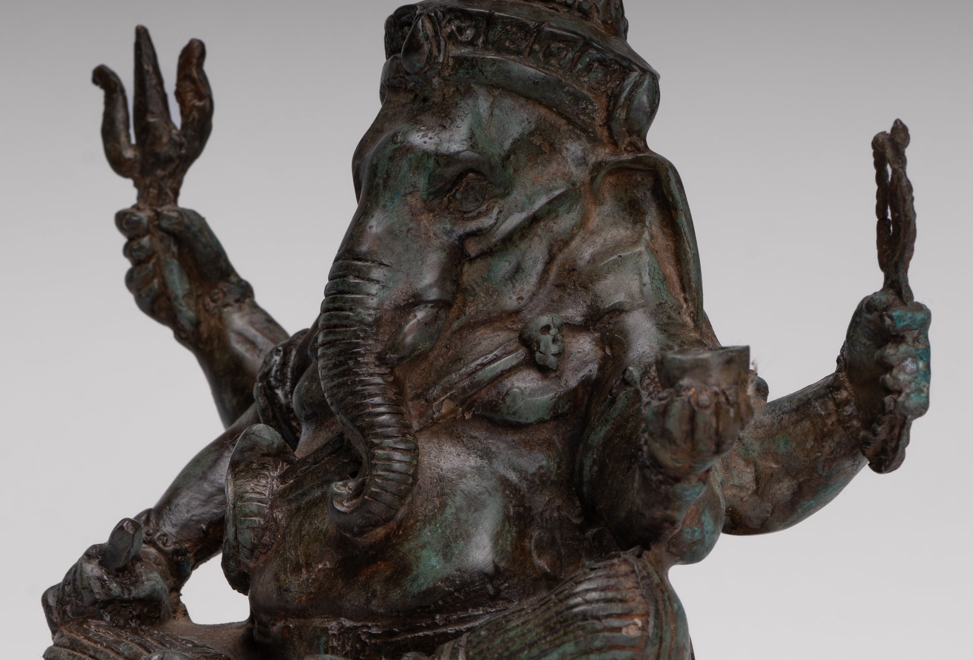 Ganesha Statue - Antique Thai Style Bronze Seated 4-Arm Ganesha Statue - 20cm/8"