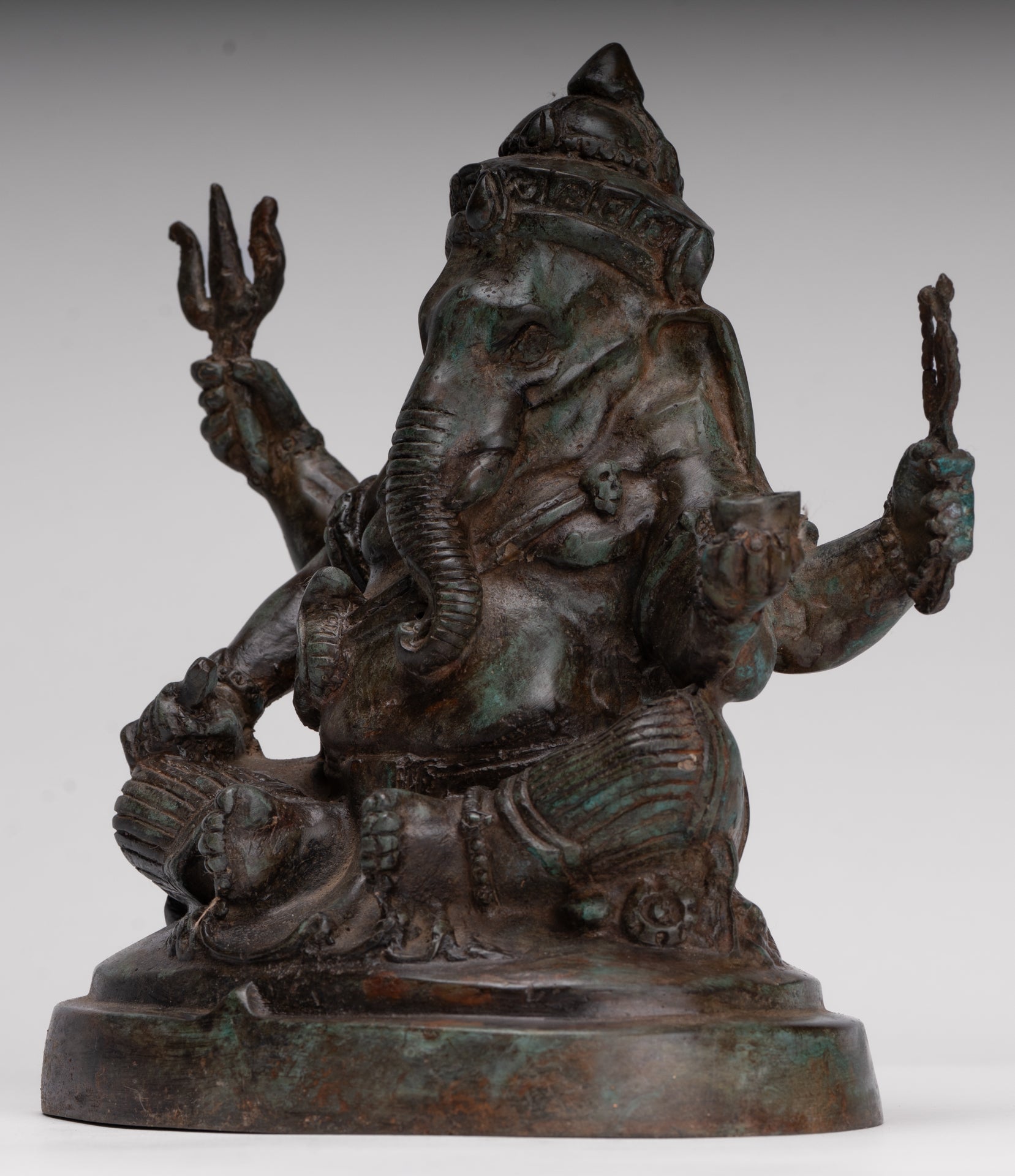 Ganesha Statue - Antique Thai Style Bronze Seated 4-Arm Ganesha Statue - 20cm/8"