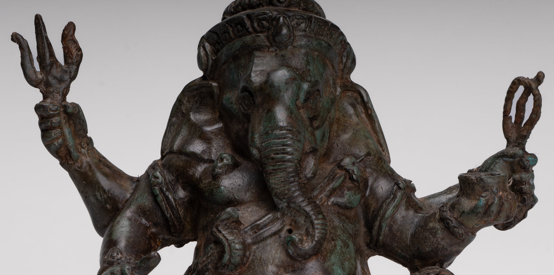 Ganesha Statue - Antique Thai Style Bronze Seated 4-Arm Ganesha Statue - 20cm/8"