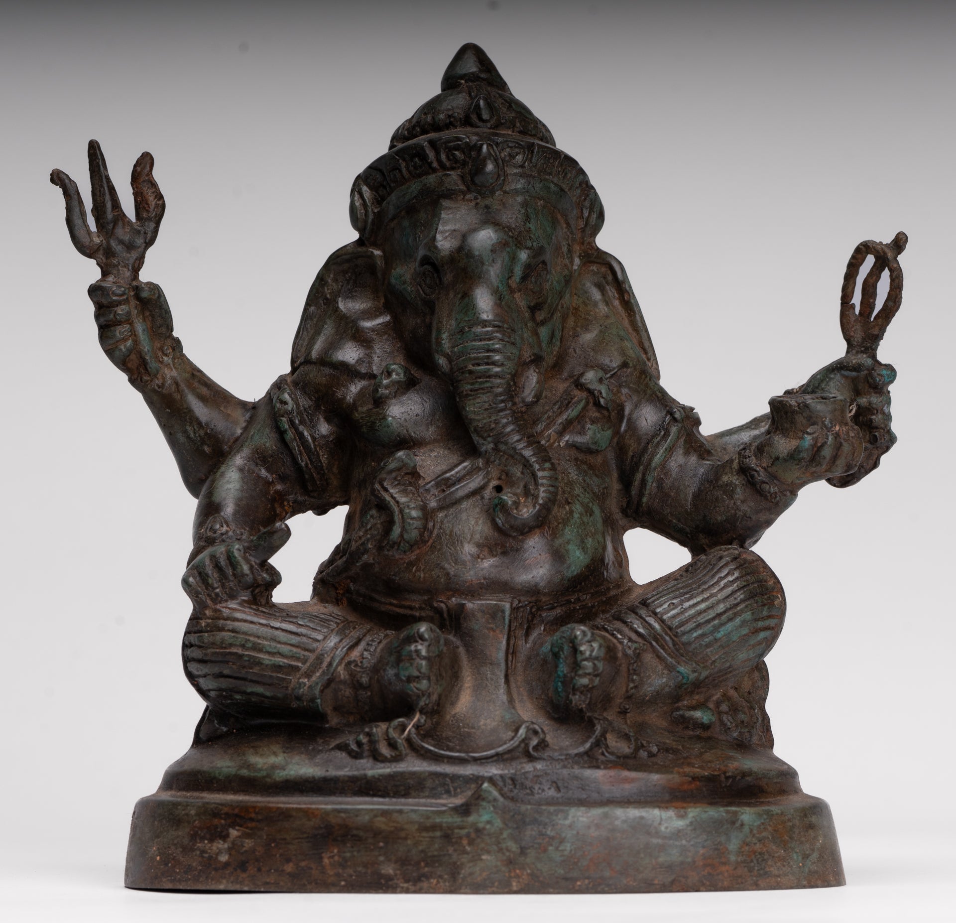 Ganesha Statue - Antique Thai Style Bronze Seated 4-Arm Ganesha Statue - 20cm/8"