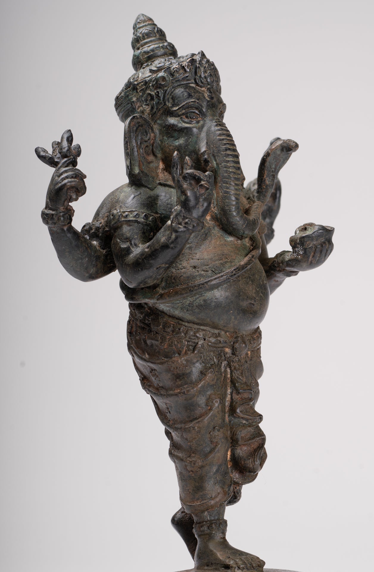 Ganesha Statue - Antique Thai Style Bronze Standing 4-Arm Ganesha Statue - 26cm/10"