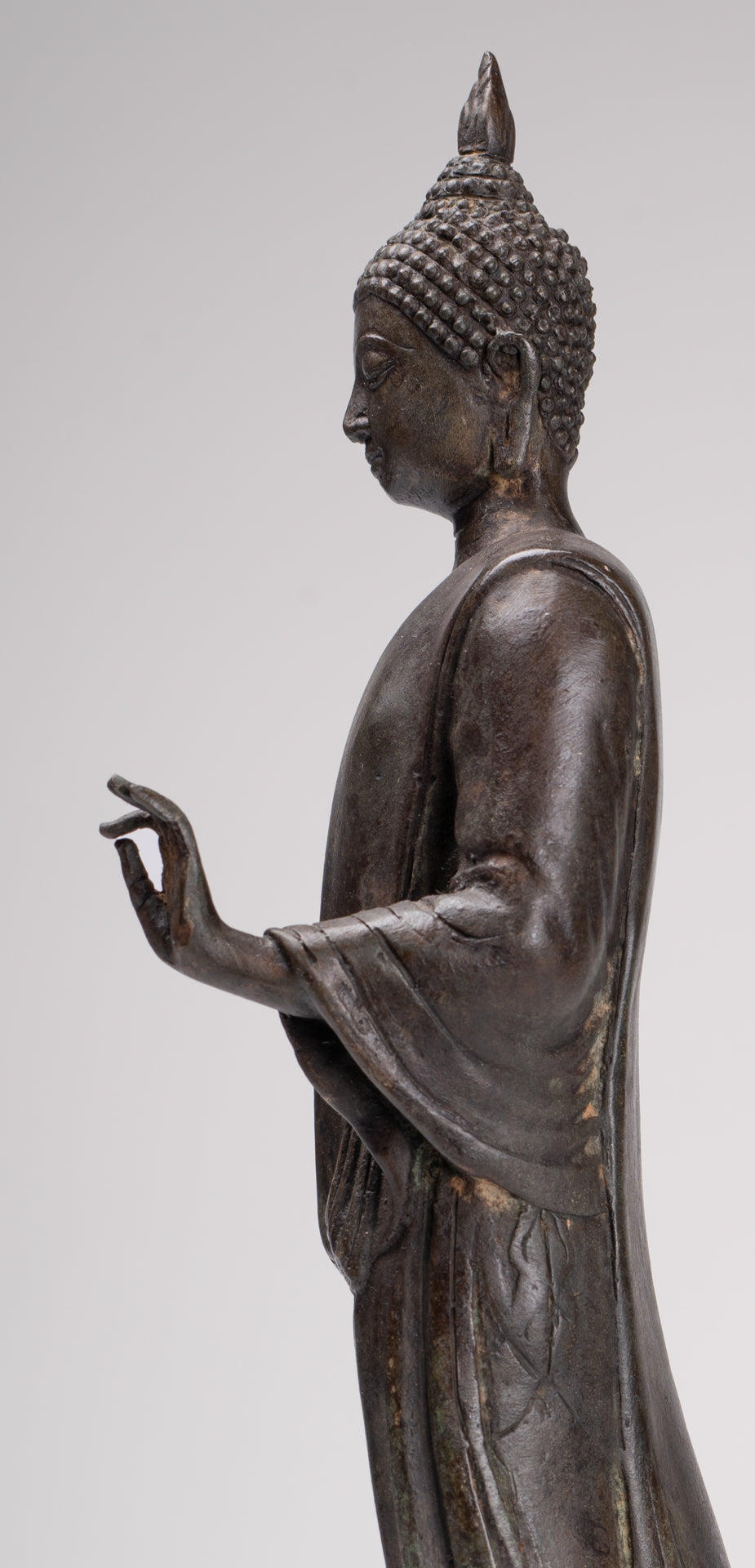 Antique Sukhothai Style Standing Bronze Protection Walking Buddha Statue - 33cm/13"