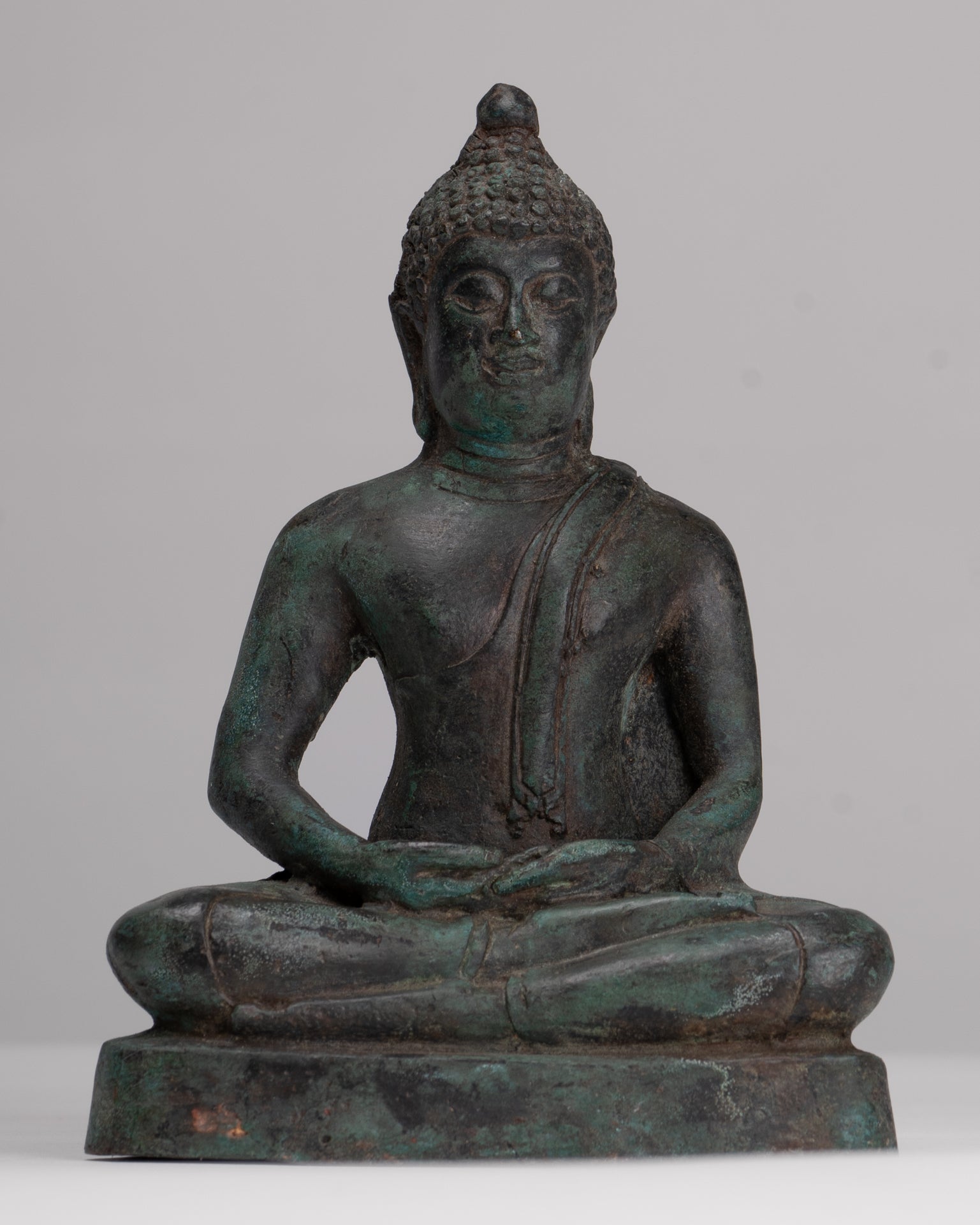Buddha Sculpture - Antique Thai Style Bronze Seated Chiang Saen Meditation Buddha Statue - 15cm/6"