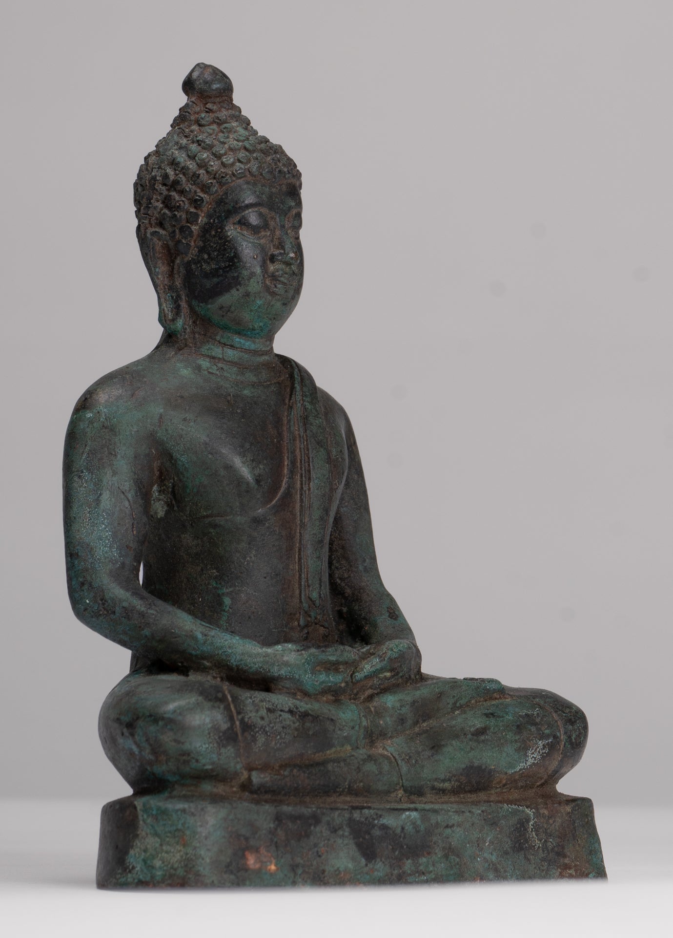 Buddha Sculpture - Antique Thai Style Bronze Seated Chiang Saen Meditation Buddha Statue - 15cm/6"