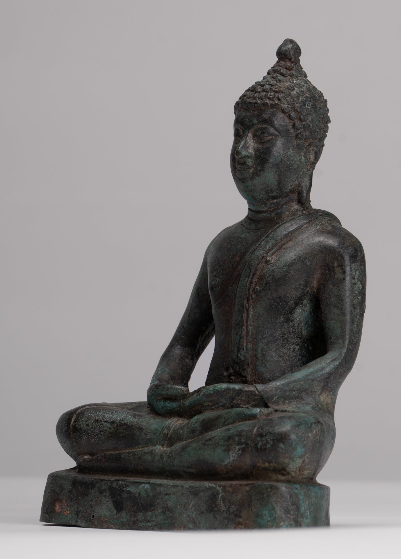 Buddha Sculpture - Antique Thai Style Bronze Seated Chiang Saen Meditation Buddha Statue - 15cm/6"