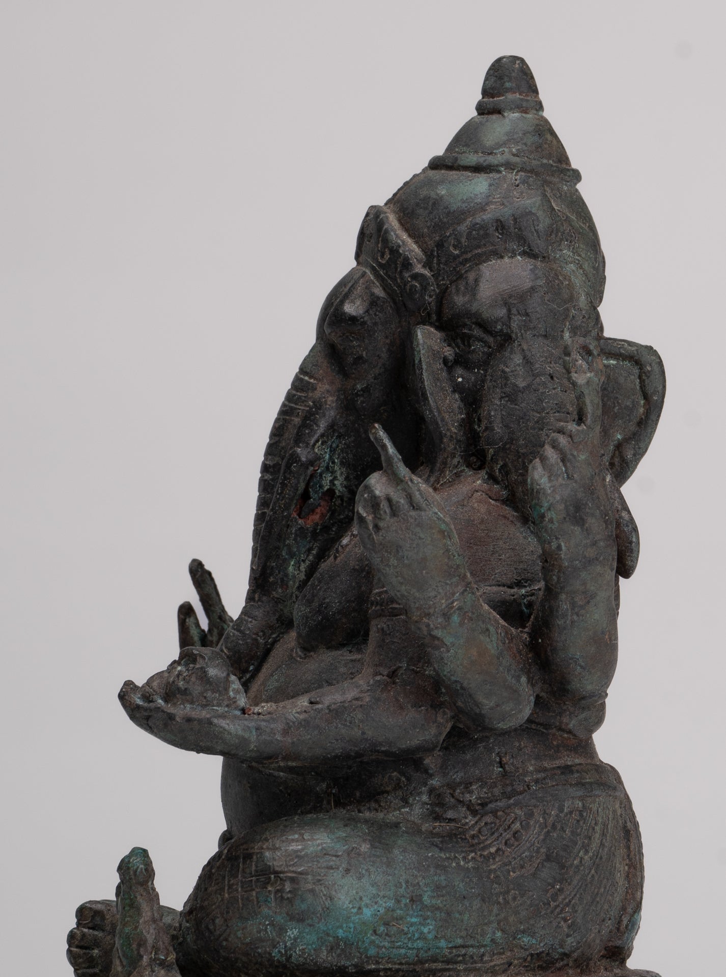 Ganesha Statue - Antique Thai Style Bronze Seated 6-Arm Ganesha Statue - 19cm/8"