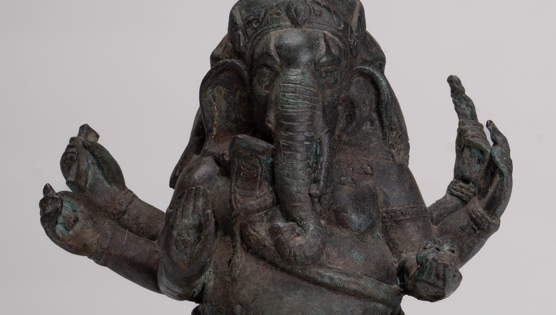 Ganesha Statue - Antique Thai Style Bronze Seated 6-Arm Ganesha Statue - 19cm/8"