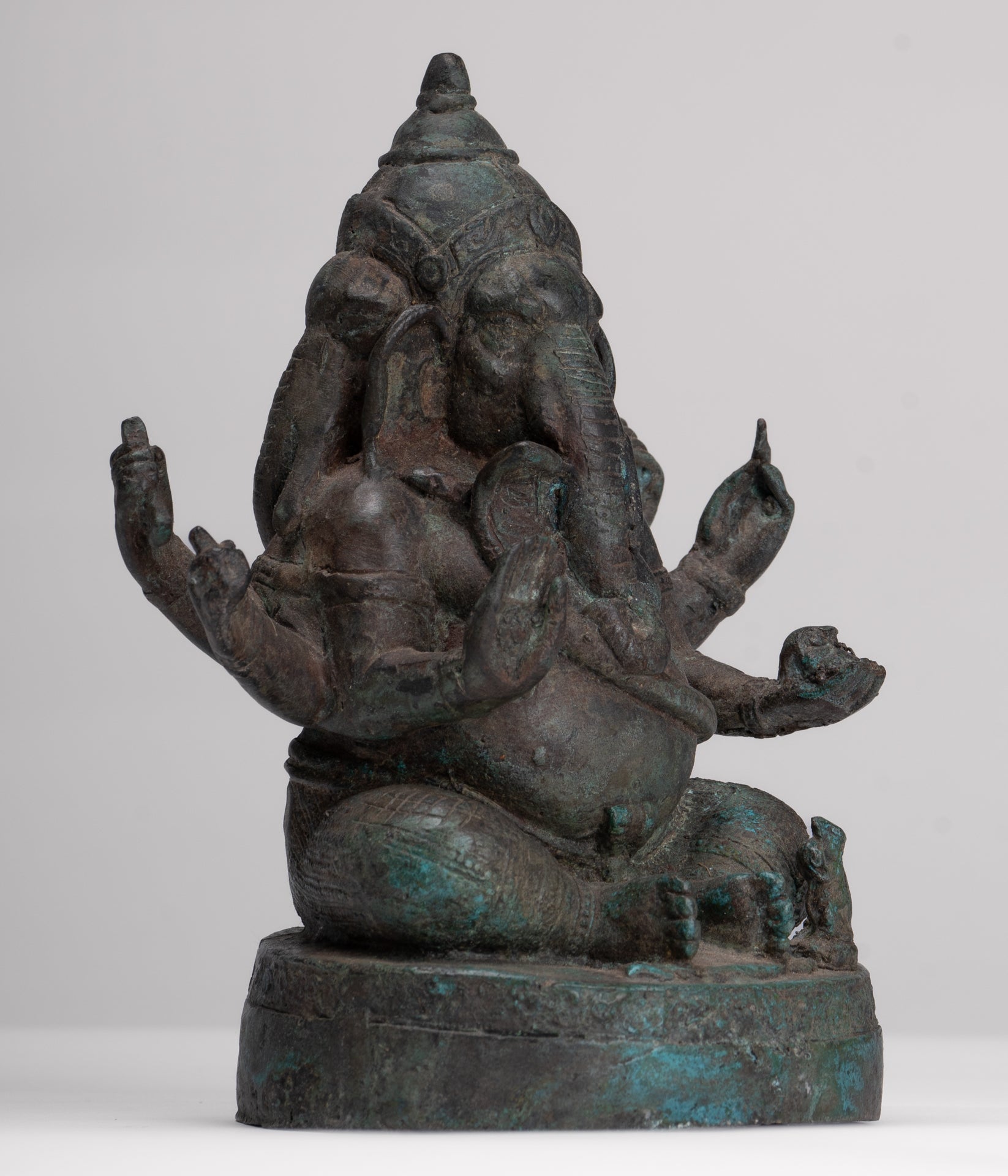 Ganesha Statue - Antique Thai Style Bronze Seated 6-Arm Ganesha Statue - 19cm/8"