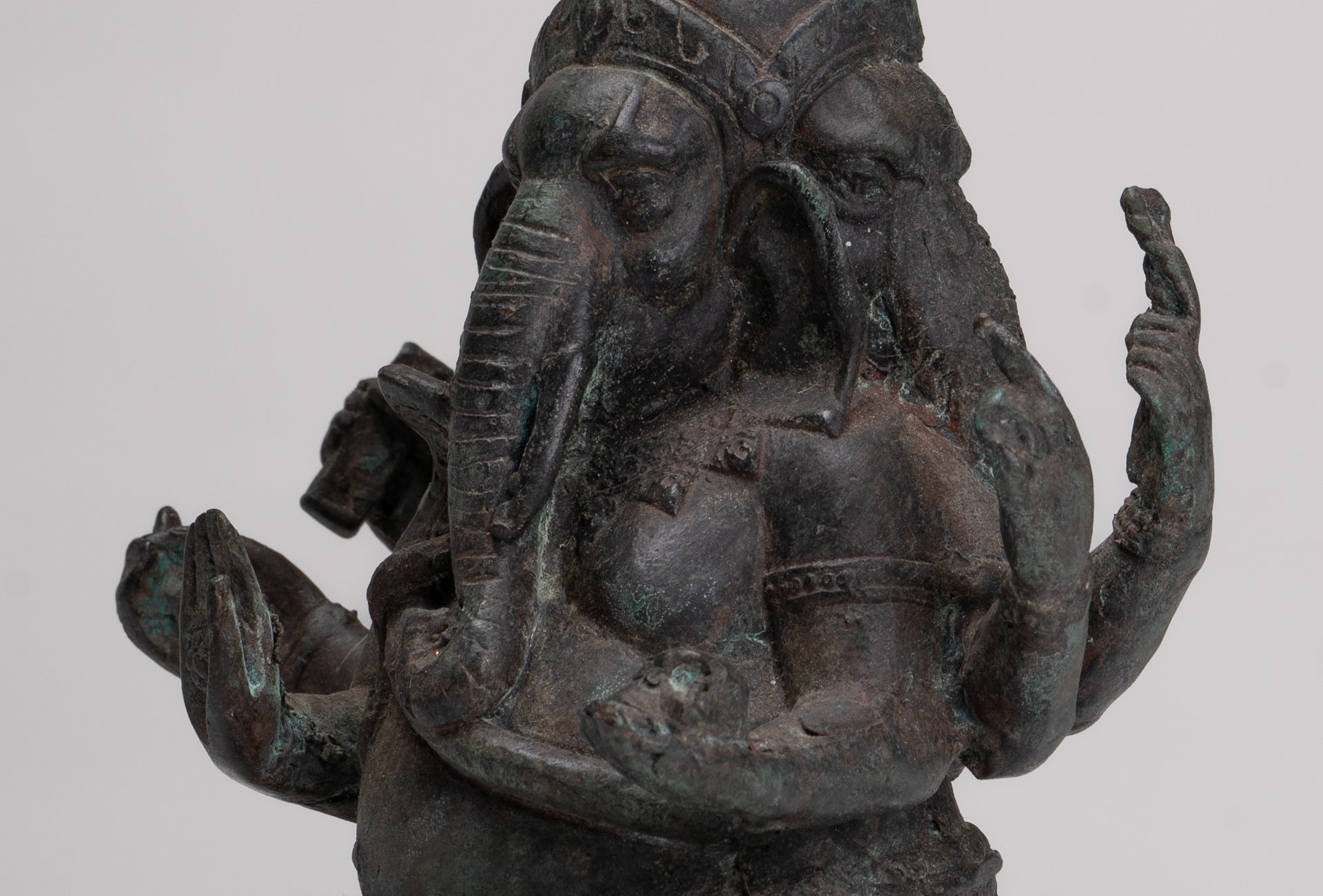 Ganesha Statue - Antique Thai Style Bronze Seated 6-Arm Ganesha Statue - 19cm/8"