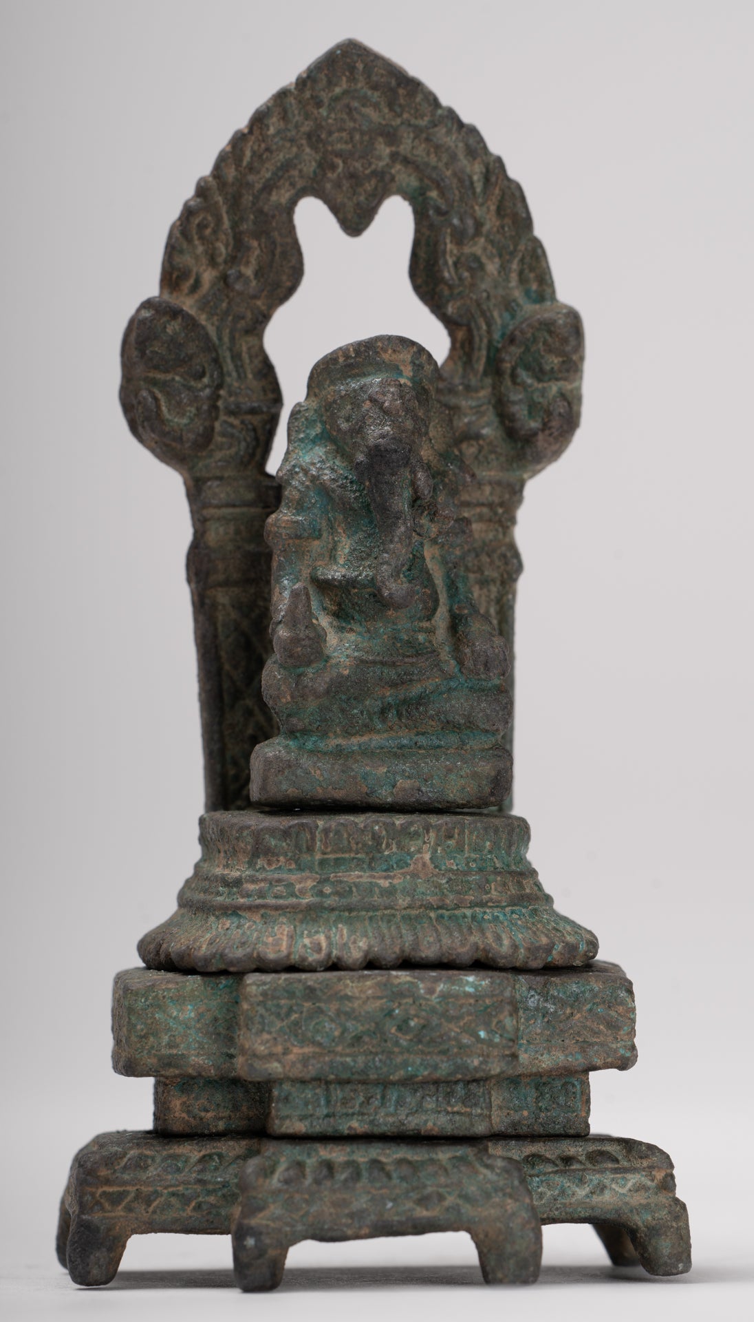 Ganesha Statue - Antique Thai Style Enthroned Bronze Seated Ganesha Statue - 11.5cm/5"