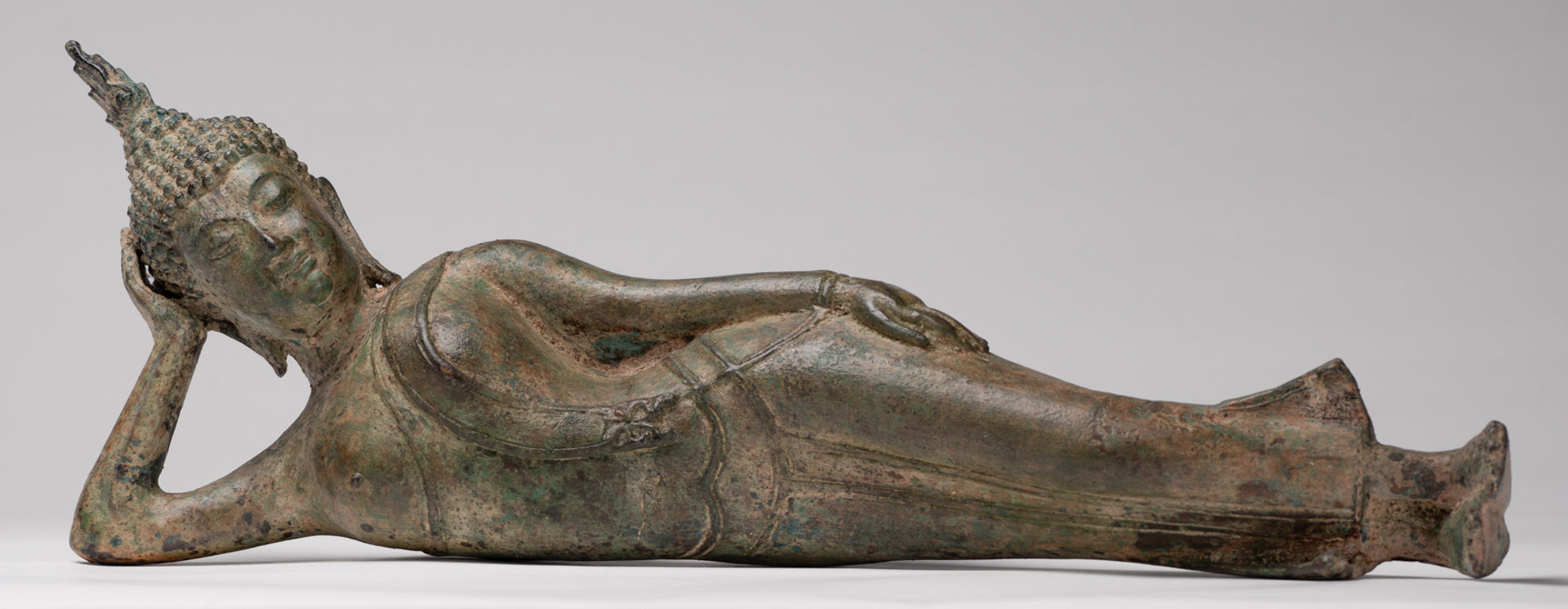 Buddha Statue - Antique Thai Style Bronze Sukhothai Reclining Nirvana Buddha Statue - 43cm/17"