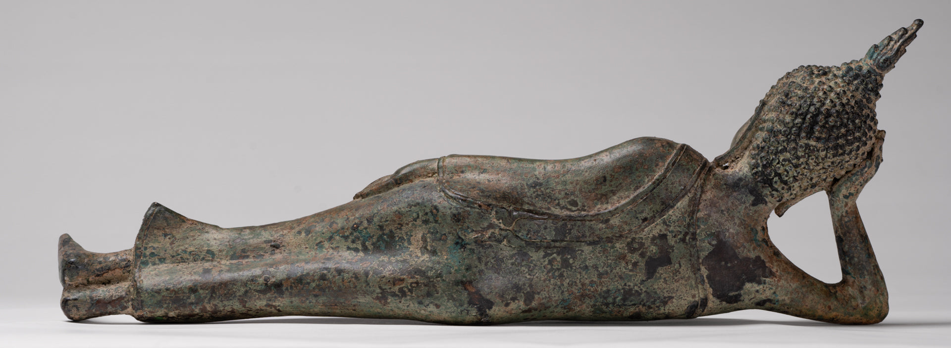 Buddha Statue - Antique Thai Style Bronze Sukhothai Reclining Nirvana Buddha Statue - 43cm/17"