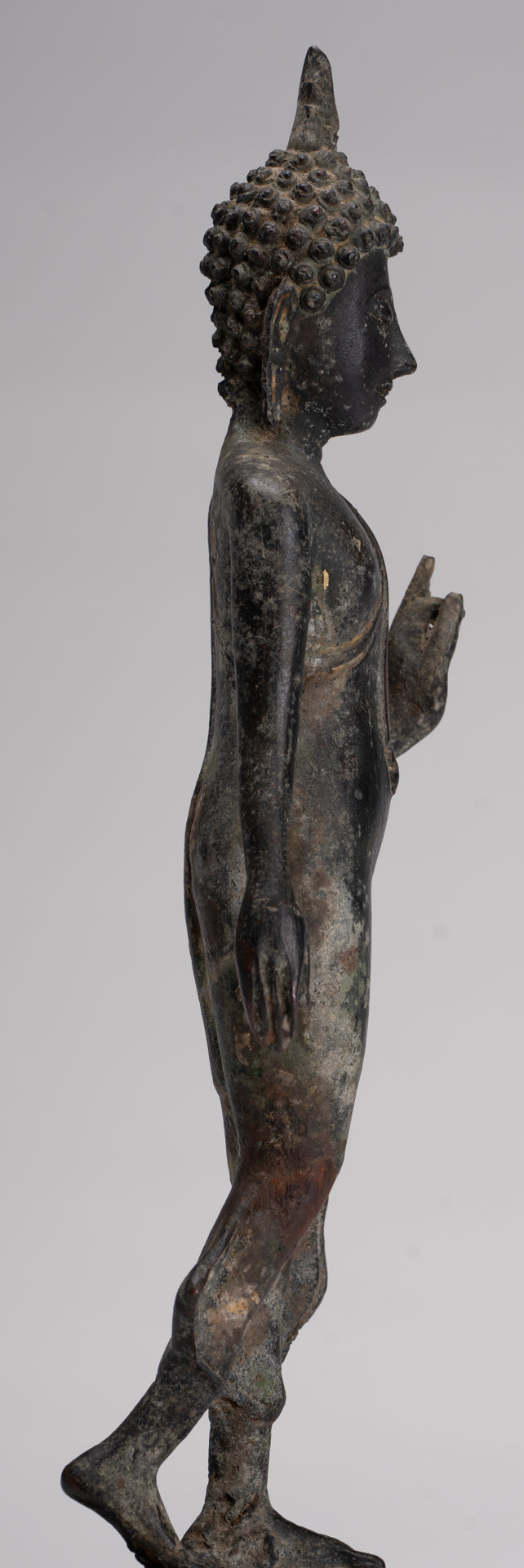 Antique Sukhothai Style Standing Bronze Protection Walking Buddha Statue - 31cm/12"