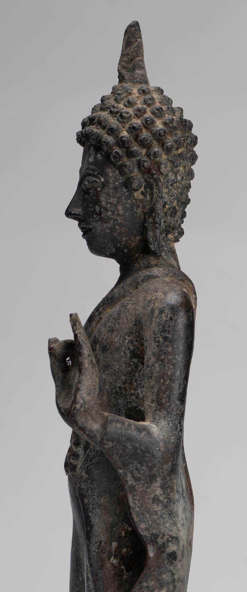 Antique Sukhothai Style Standing Bronze Protection Walking Buddha Statue - 31cm/12"