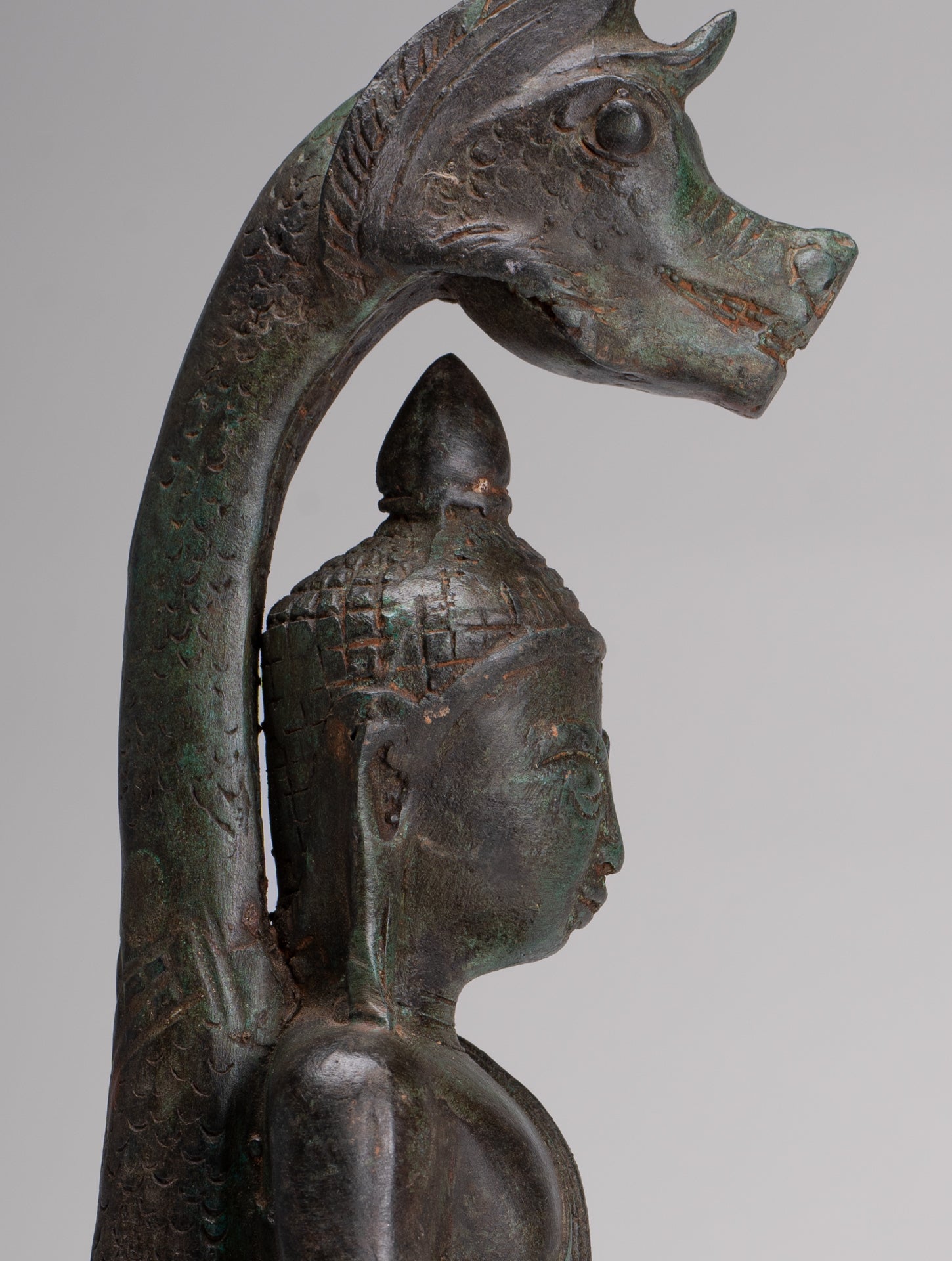 Buddha Statue - Antique Laos Style Bronze Enlightenment Naga Buddha Statue - 34cm/14"