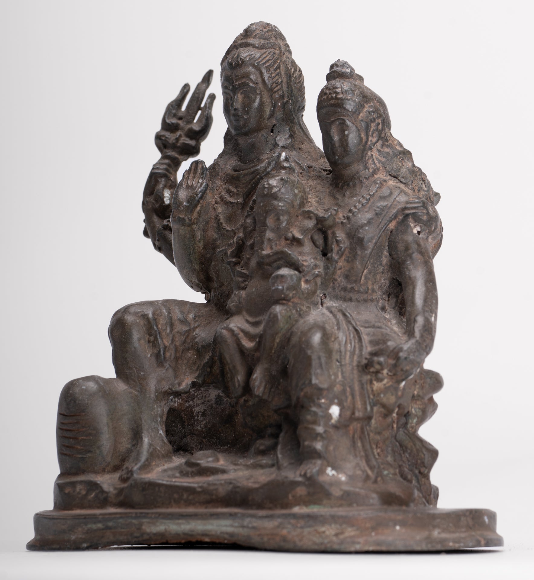 Shiva Statue - Antique Thai Style Bronze Shiva Parvati & Ganesha Statue - 15cm/6"