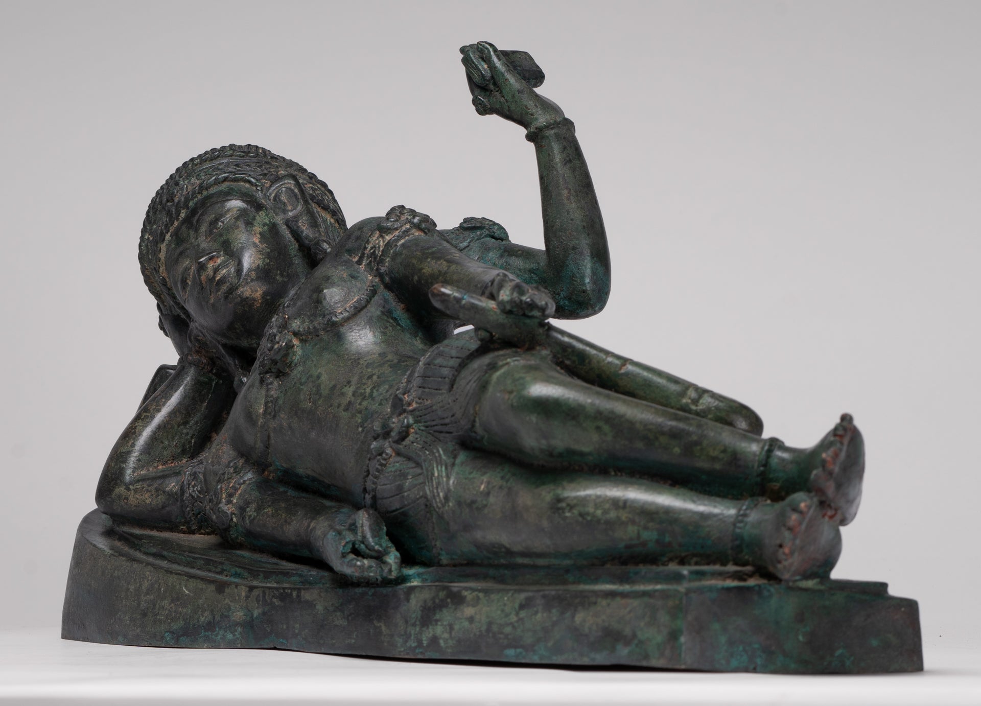 Antique Lopburi Style Thai Bronze Reclining Vishnu Statue - 55cm/22" Long