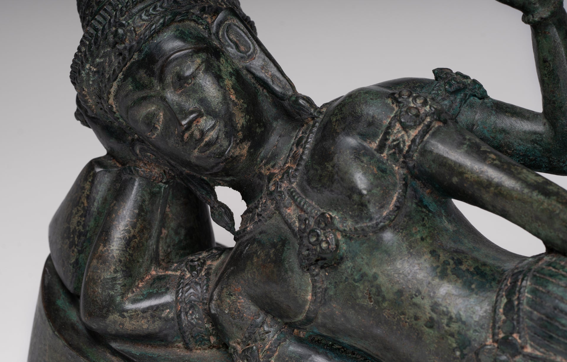 Antique Lopburi Style Thai Bronze Reclining Vishnu Statue - 55cm/22" Long