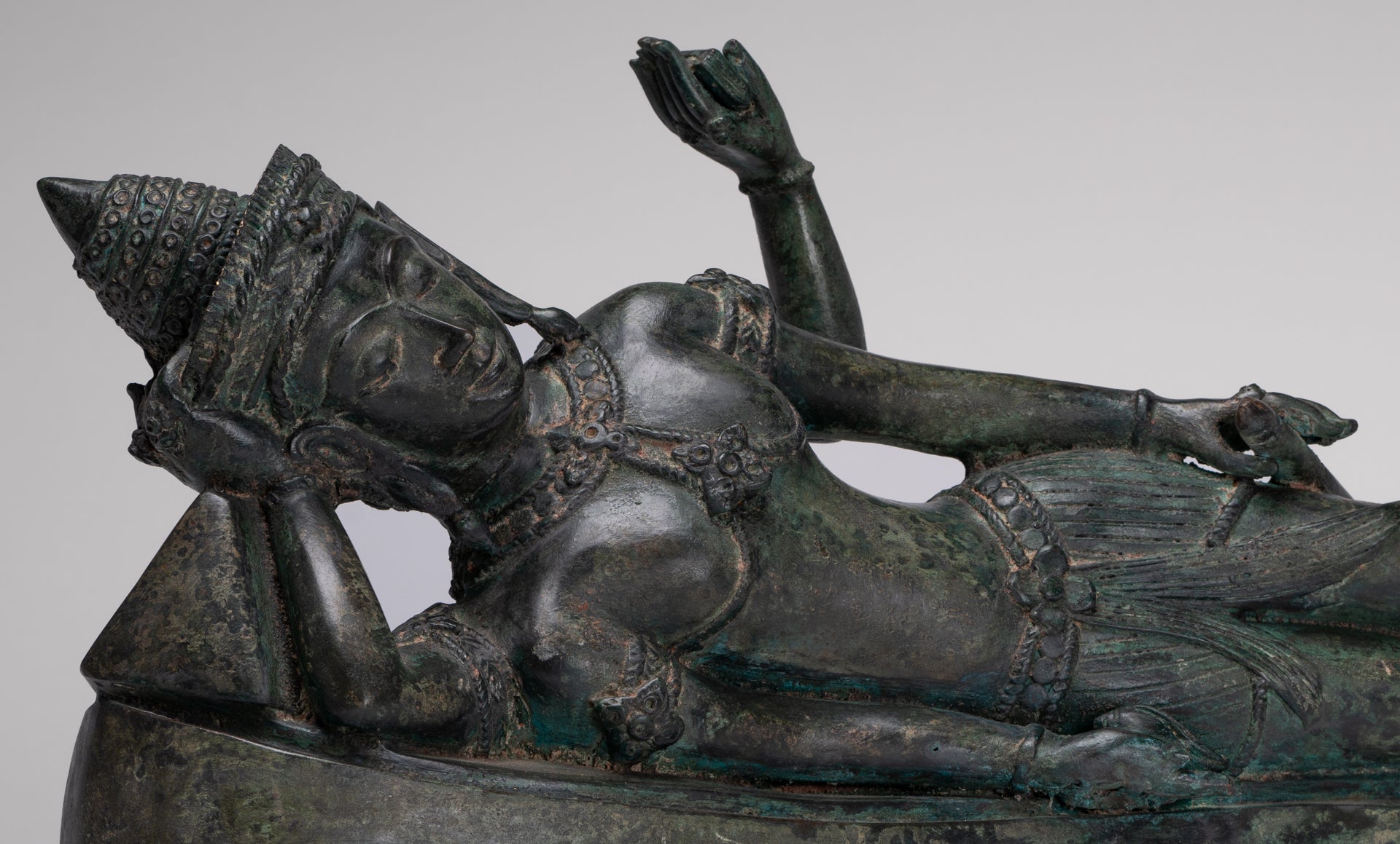 Antique Lopburi Style Thai Bronze Reclining Vishnu Statue - 55cm/22" Long