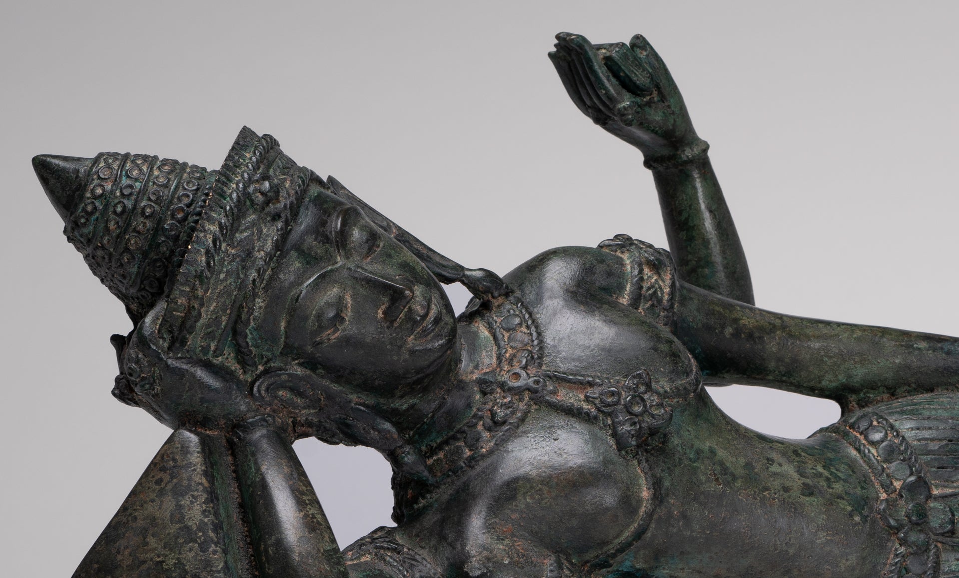 Antique Lopburi Style Thai Bronze Reclining Vishnu Statue - 55cm/22" Long