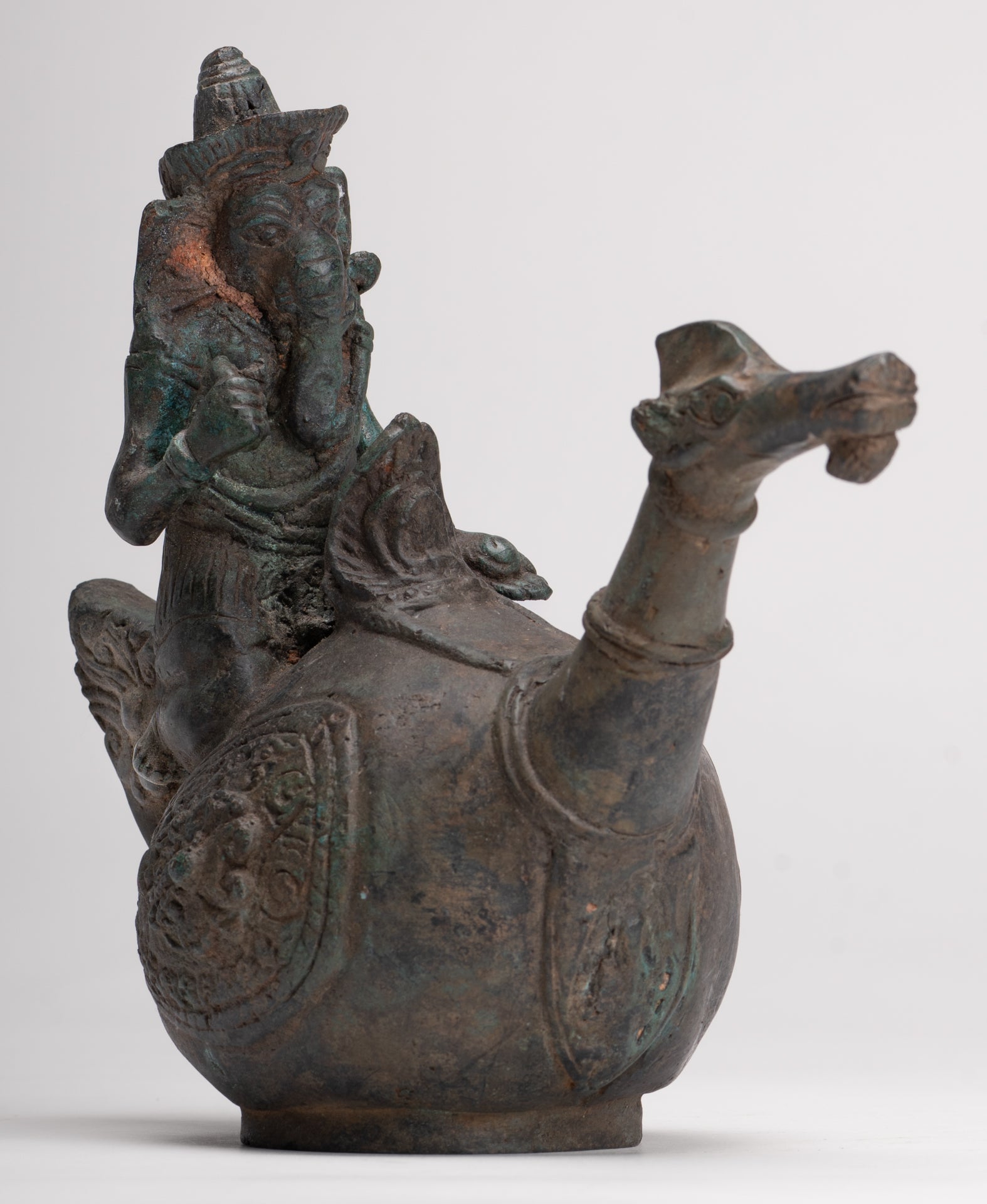 Ganesha Statue - Antique Thai Style Bronze Ganesha Riding a Dragon - 20cm/8"