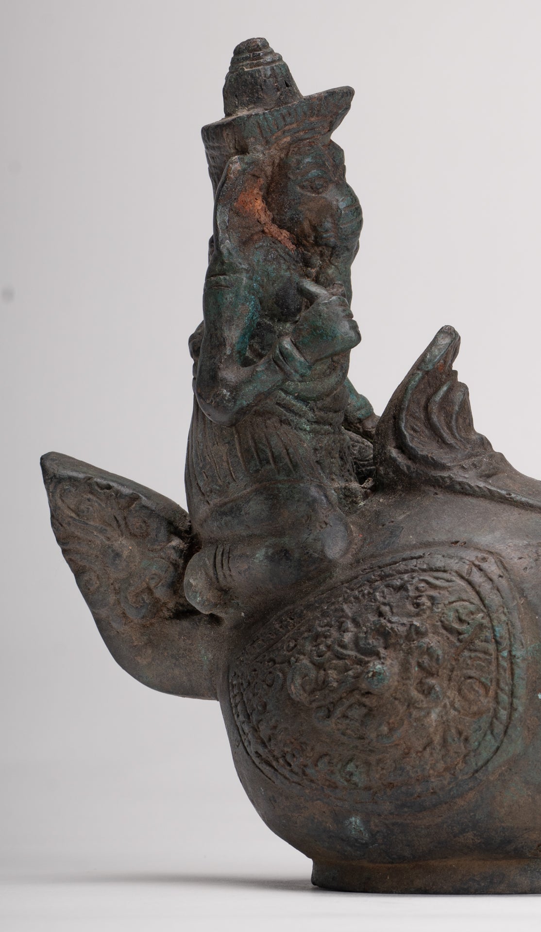 Ganesha Statue - Antique Thai Style Bronze Ganesha Riding a Dragon - 20cm/8"