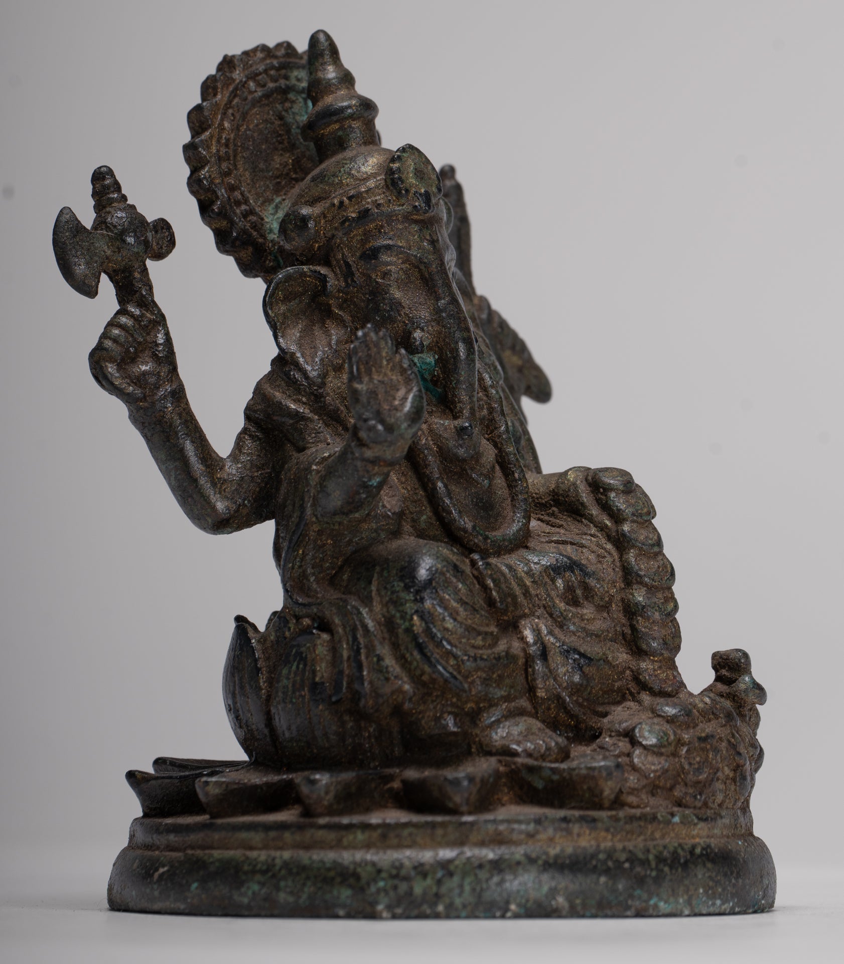 Ganesha Statue - Antique Thai Style Seated Bronze Ganesh Statue - 10cm/4"