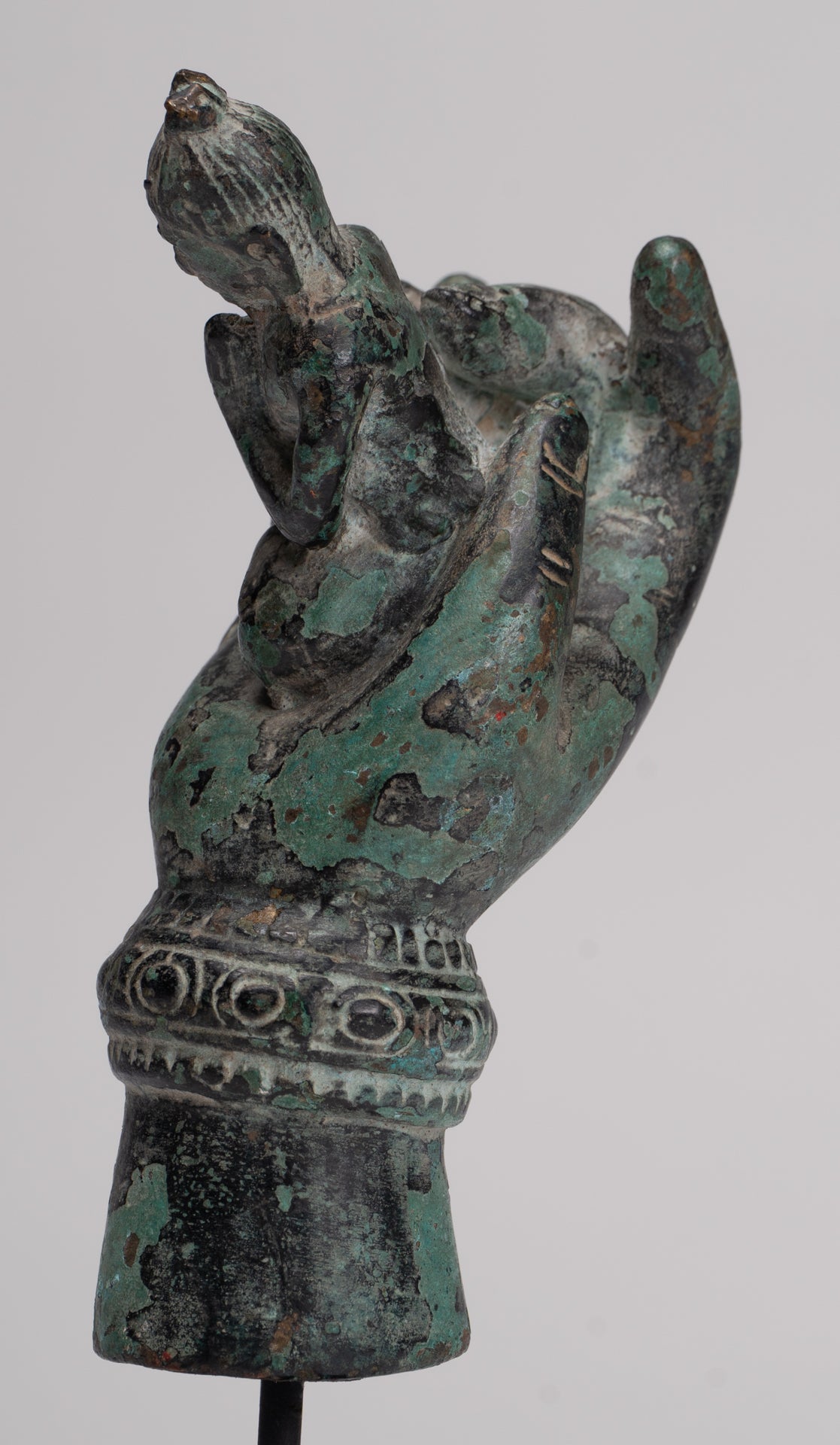 Rishi Statue - Antique Khmer Style Mounted Bronze Rishi or Wise Man in Hand - 17cm/7"