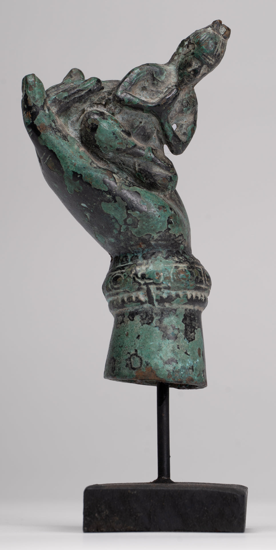 Rishi Statue - Antique Khmer Style Mounted Bronze Rishi or Wise Man in Hand - 17cm/7"