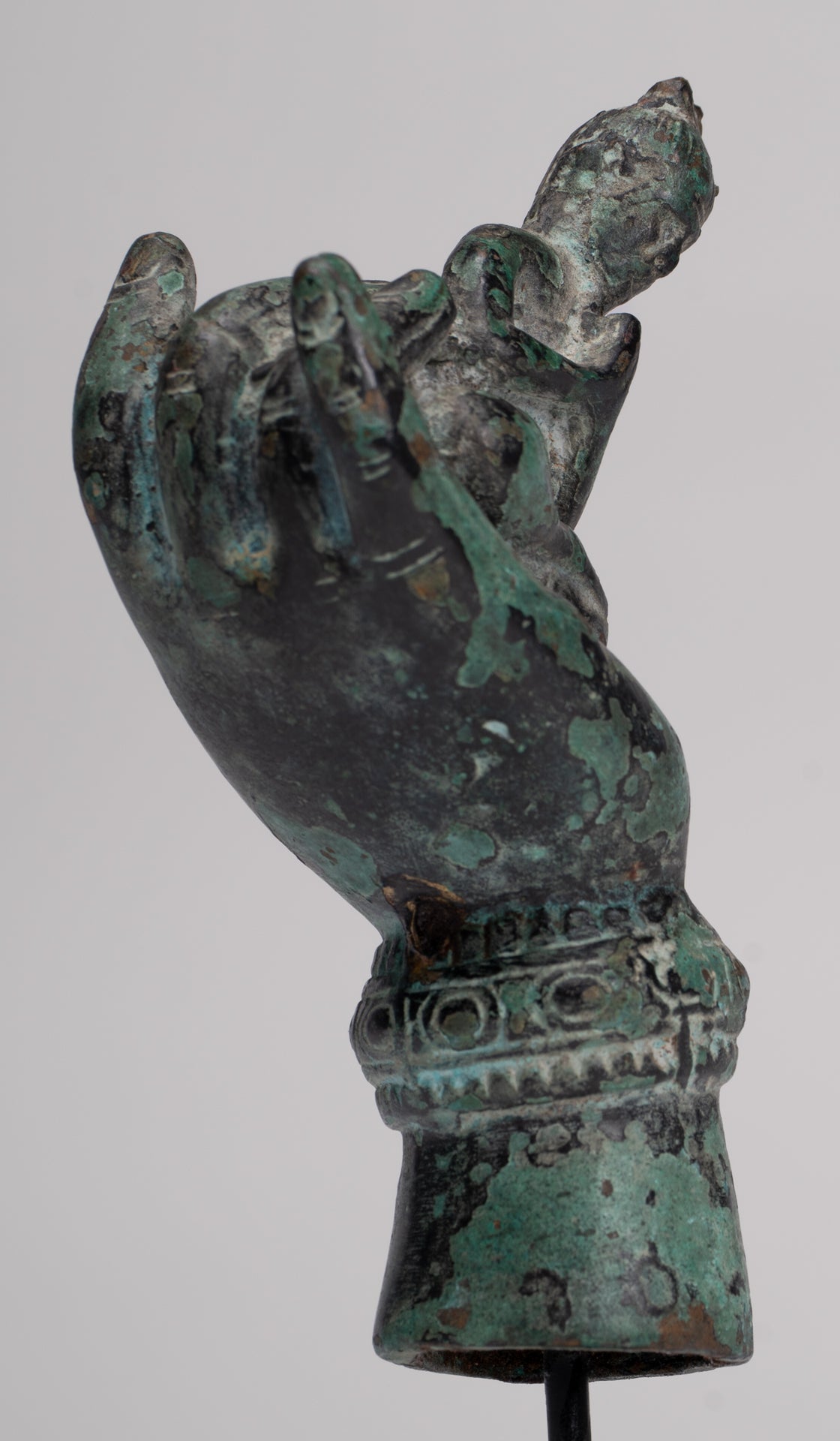 Rishi Statue - Antique Khmer Style Mounted Bronze Rishi or Wise Man in Hand - 17cm/7"