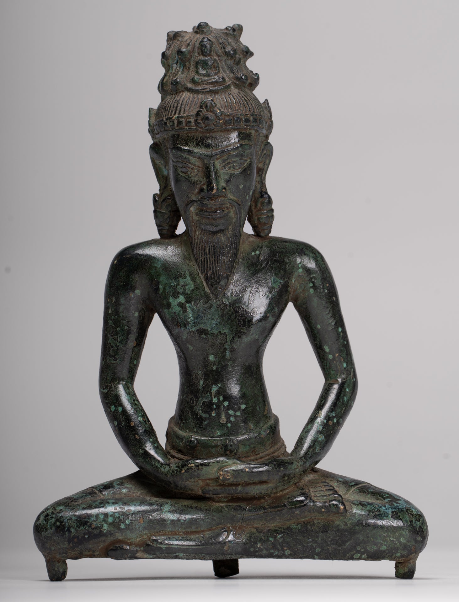 Rishi Statue - Antique Khmer Style Seated Bronze Rishi or Wise Man - 18cm/7"